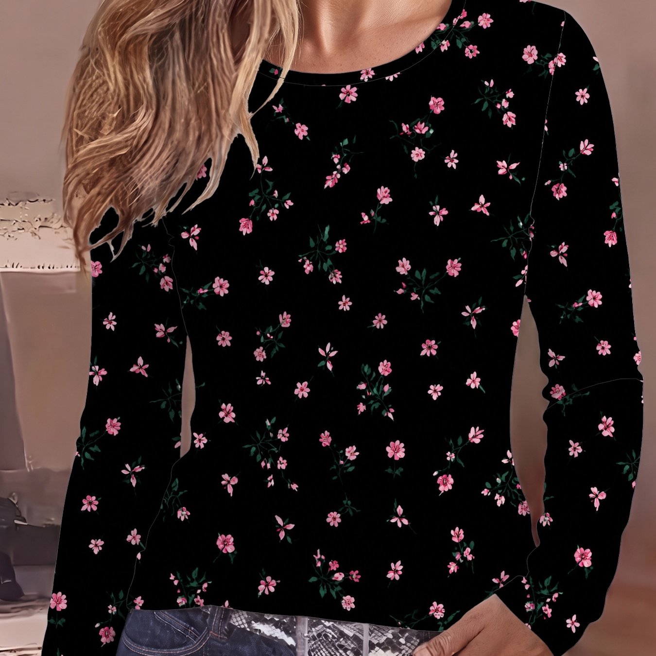 TEMU Women's Round Neck Long Sleeve T-shirt With Small Floral Print, Soft And Comfortable Fabric, , Machine Washable, Fashionable And Casual Women's
