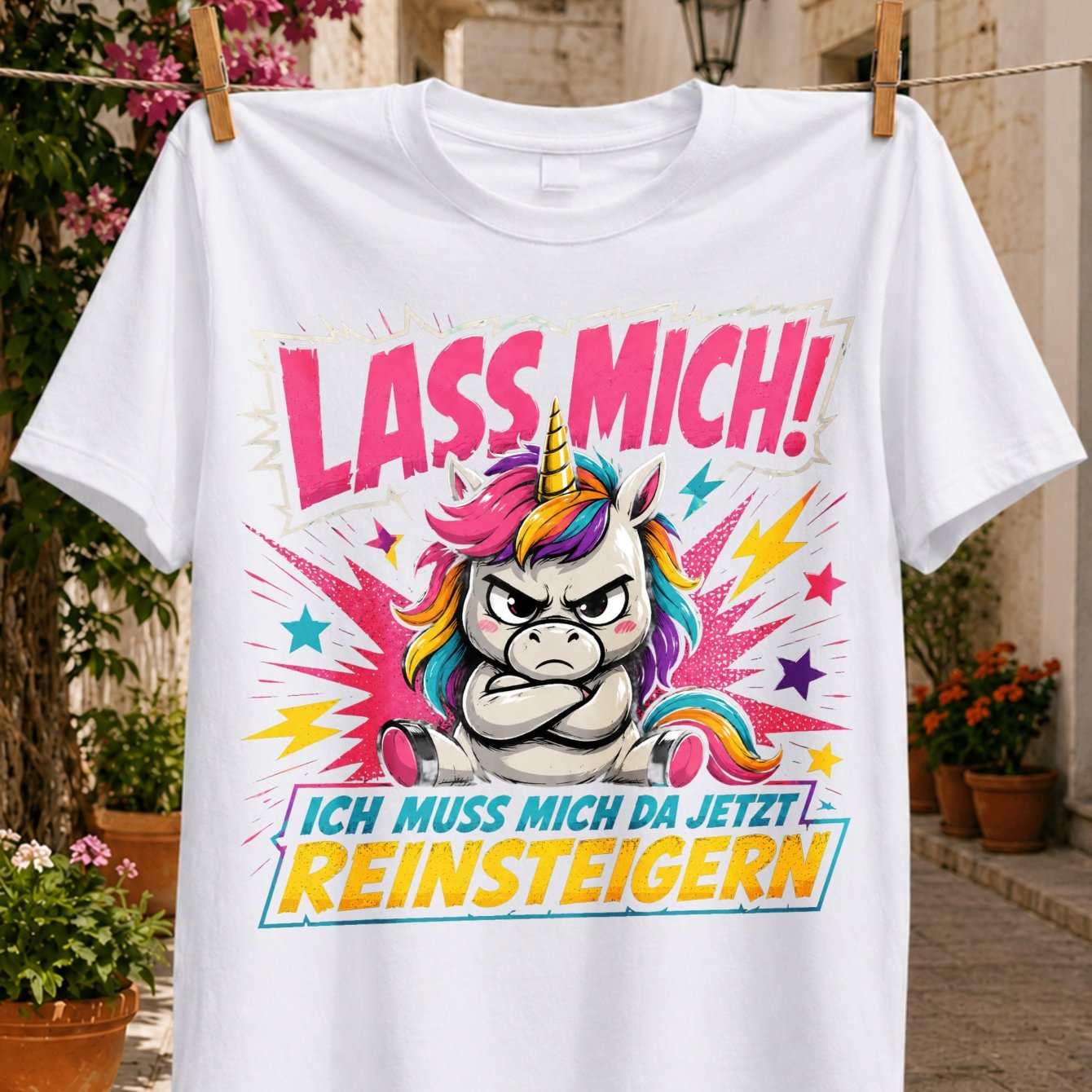 Image of Angry Rainbow Unicorn Comic Lightning And German Lass Mich Ich Muss Mich Da Jetzt Reinsteigern Text Unisex All T-shirt