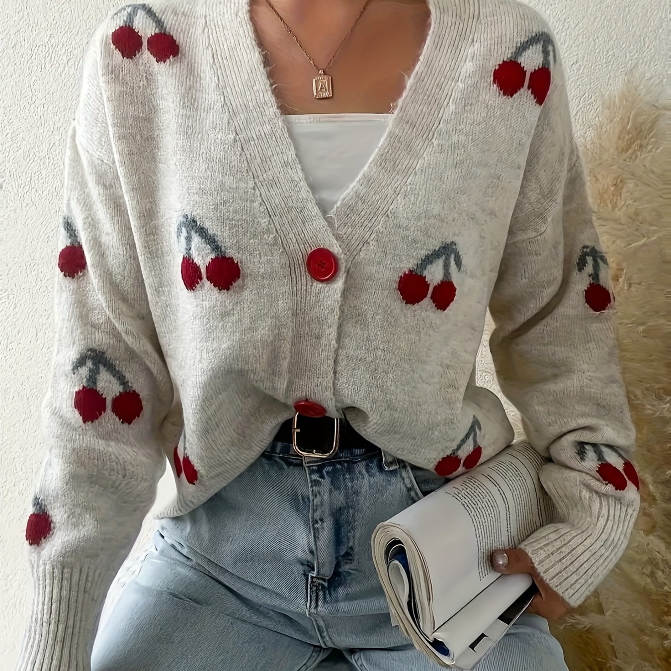 Sweet And Spicy Style Fabric Cardigan With Cherry Embellishment Top