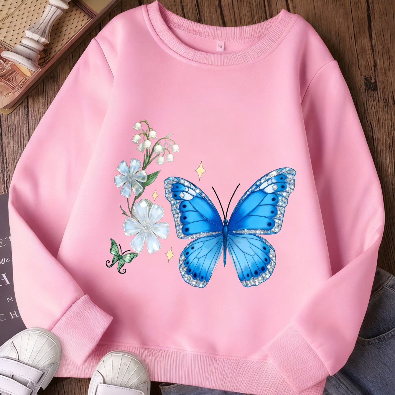 Image of Kids Girls Blue Floral Print Round Neck Sweatshirt Pure Fleece Thickened Autumn Outdoor Daily Wear Gift