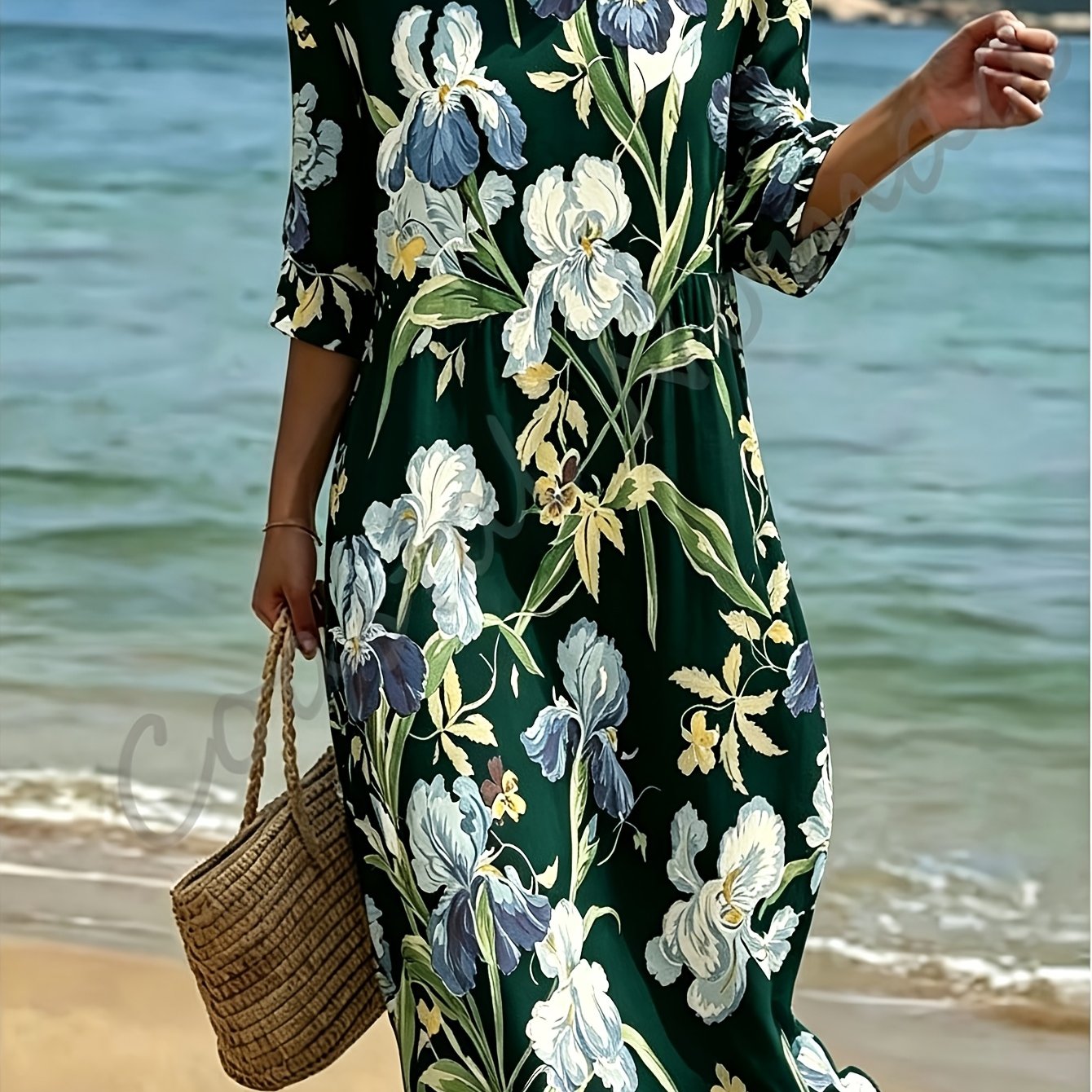 Image of Women's Style Dress, Round Neck And Three-quarter Sleeves, Black Midi Dress With A Sophisticated Design, 2d Floral Print, Suitable For Work And Vacation.