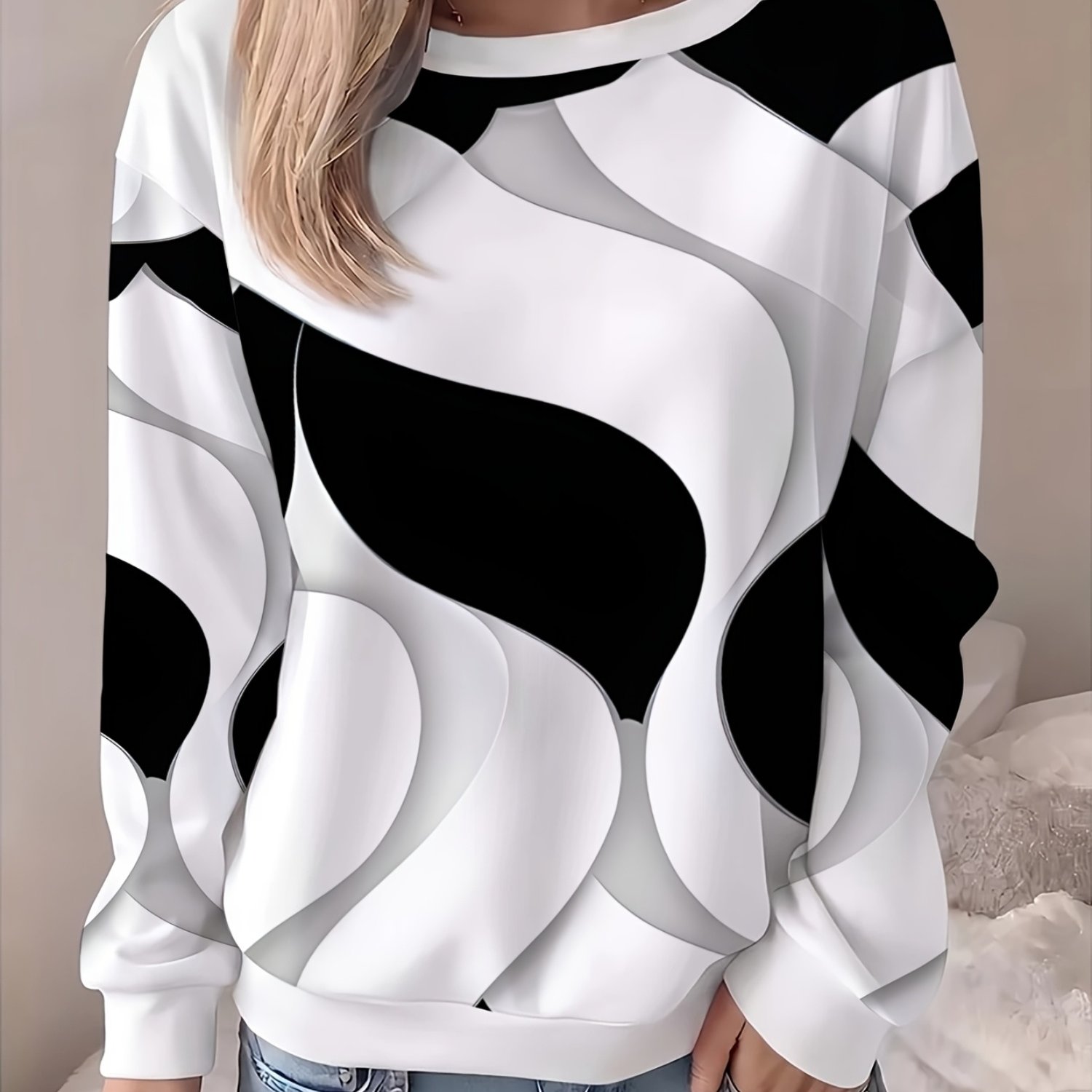 TEMU Neues modisches, individuelles Langarm-Sweatshirt für Damen mit Digitaldruck und Rundhalsausschnitt, günstiges, bequemes Urlaubsgeschenk