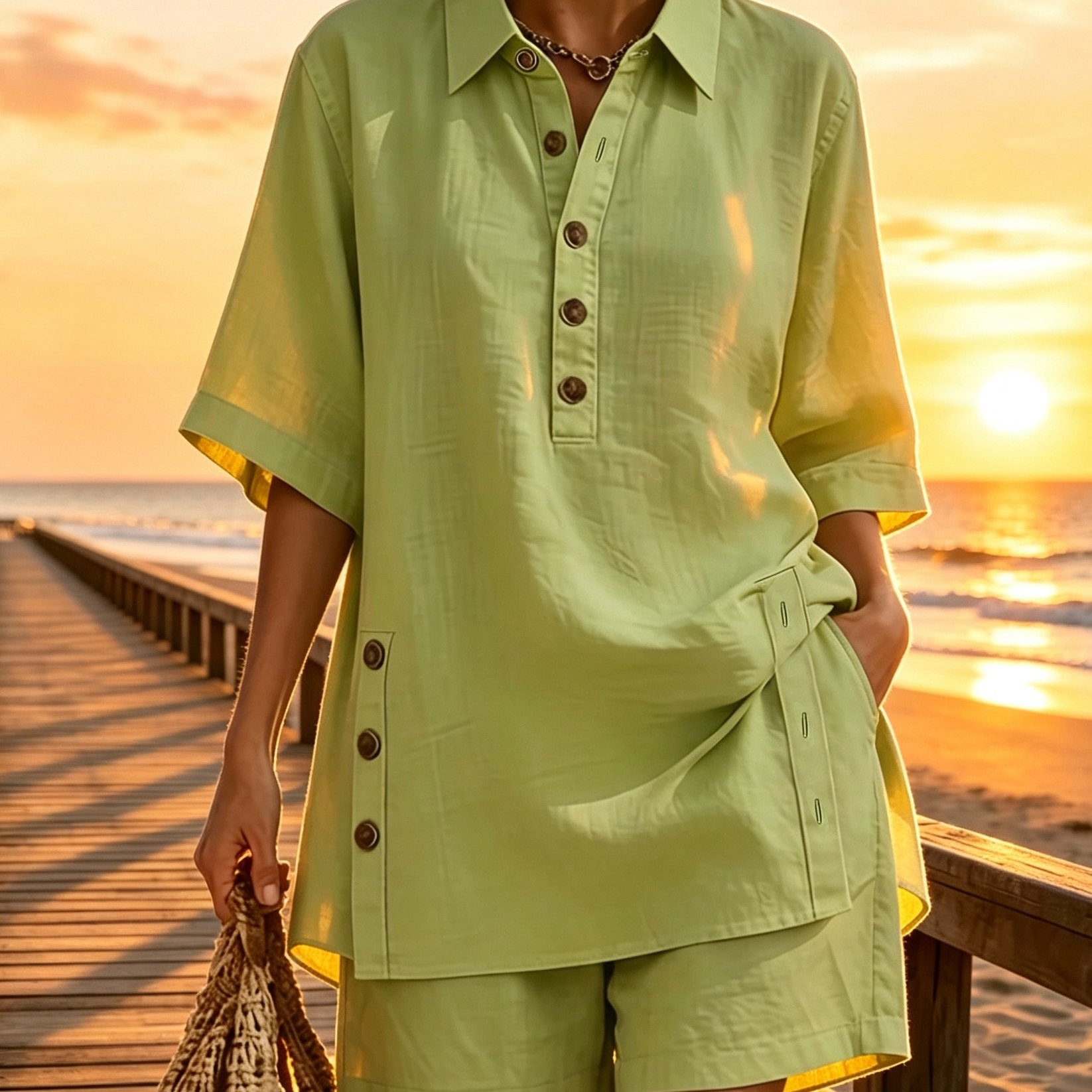 TEMU Comfortable Loose Button-up Shirt And Shorts Two-piece Set, Solid Color Suit For Women, Side Button Design Relaxed Casual Daily Wear Elegant,