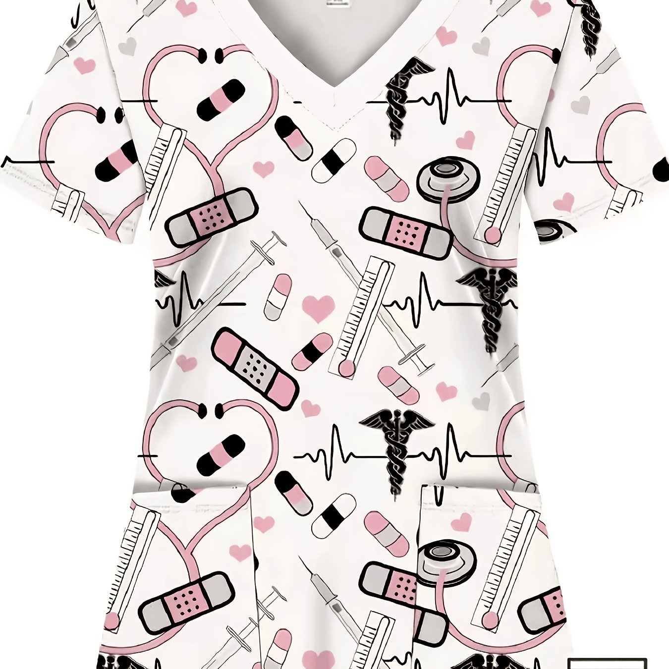 TEMU Plus Size Full Body Print, , 2 Pockets, Women's Uniform Top, Ladies Doctor Scrub Top, Nurse Work Top, Women' Professional Wear, , Health Uniform