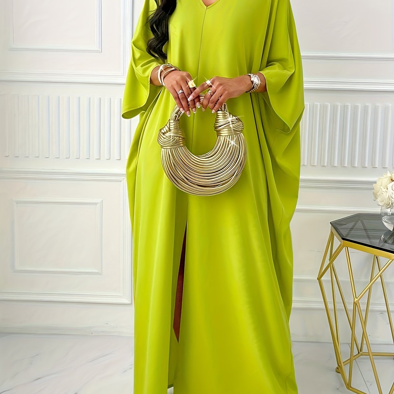 Plus Size, V-neck Batwing Sleeve Slit Dress