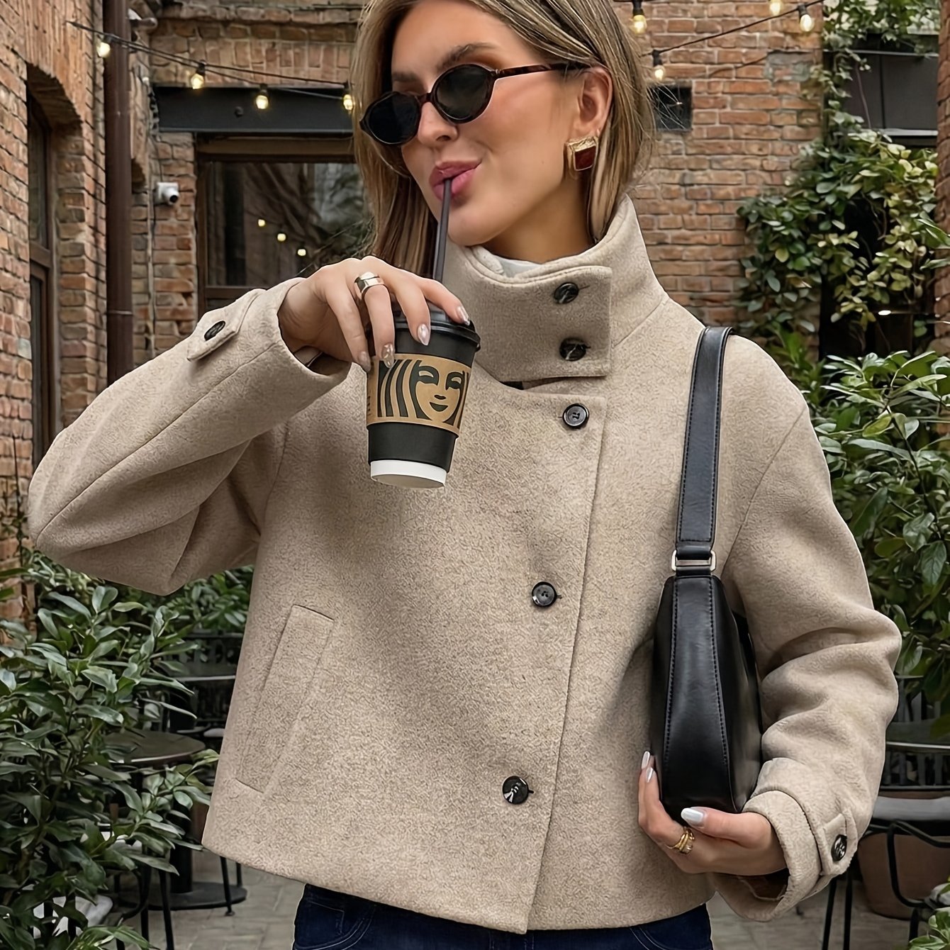 TEMU Veste d'hiver courte pour femmes, Veste boutonnée à col montant, Manteau élégant à manches longues pour femmes, Veste courte de style tendance