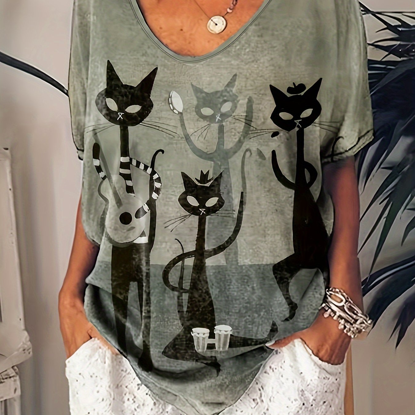 TEMU Cat Print Short Sleeve T-shirt, Casual Top For Spring & Summer, Women's Clothing