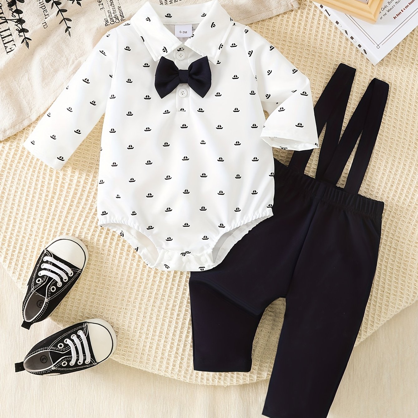 Image of Two-piece Baby Boy Casual Fashion Sailboat Print Collared Bow Tie Top + Solid Color Adjustable Suspender Pants Set, For Outdoor