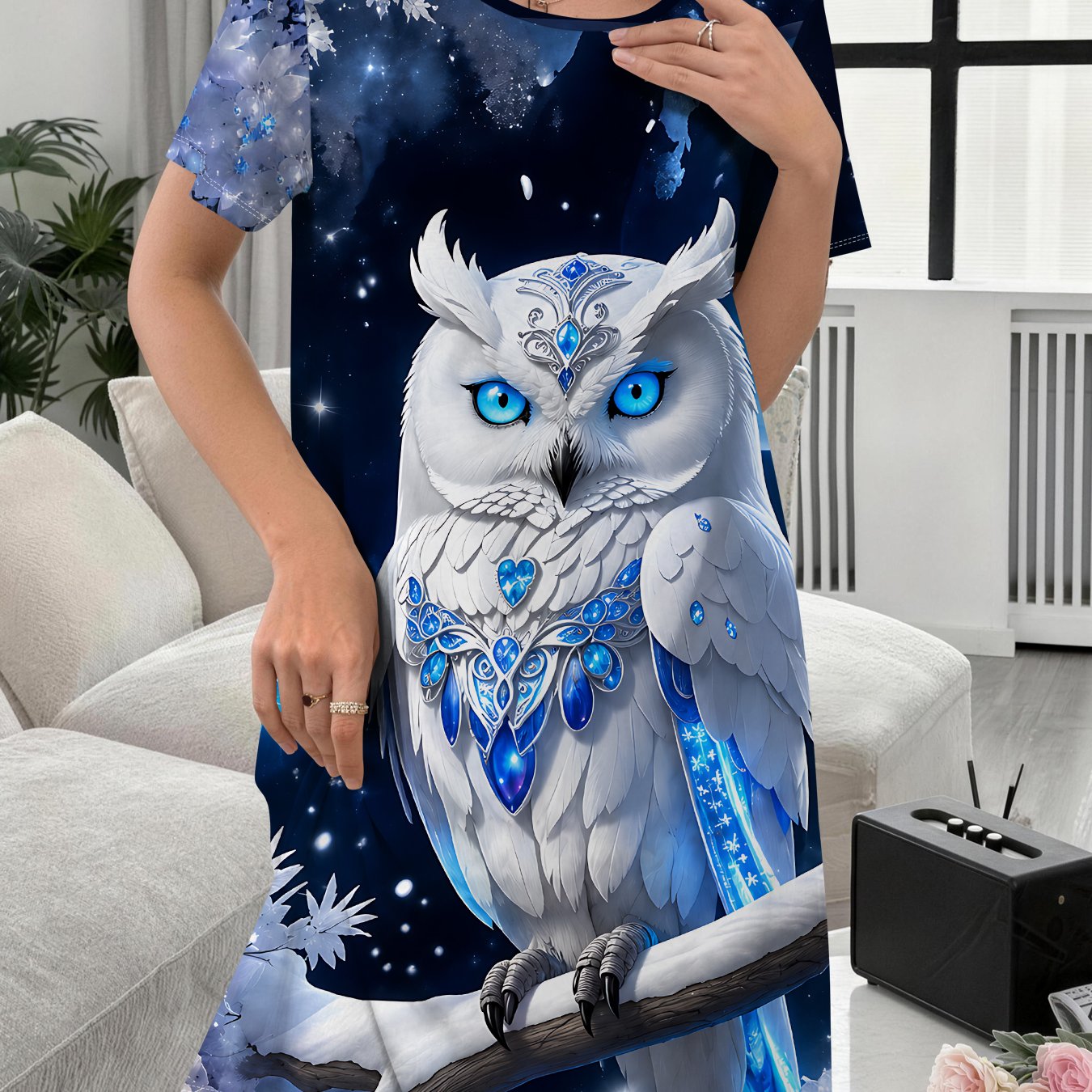 TEMU Women's Nightgown, Navy Blue Starry Sky With Ice- Nightgown, Comfortable For , Ladies' Nightdress, Elegant Women's Clothing For Holidays, The