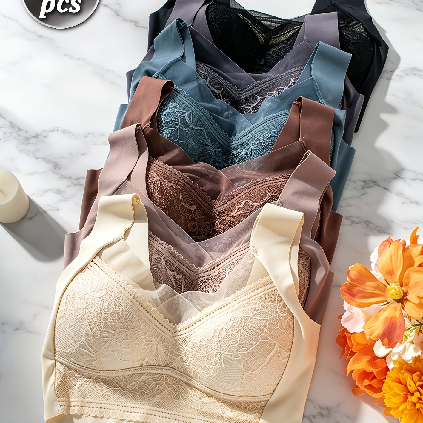 6pcs Women's Lace Underwear, Daily Underwire-free Bra, V-neck Wide Shoulder Strap Lace Splicing Seamless Bra