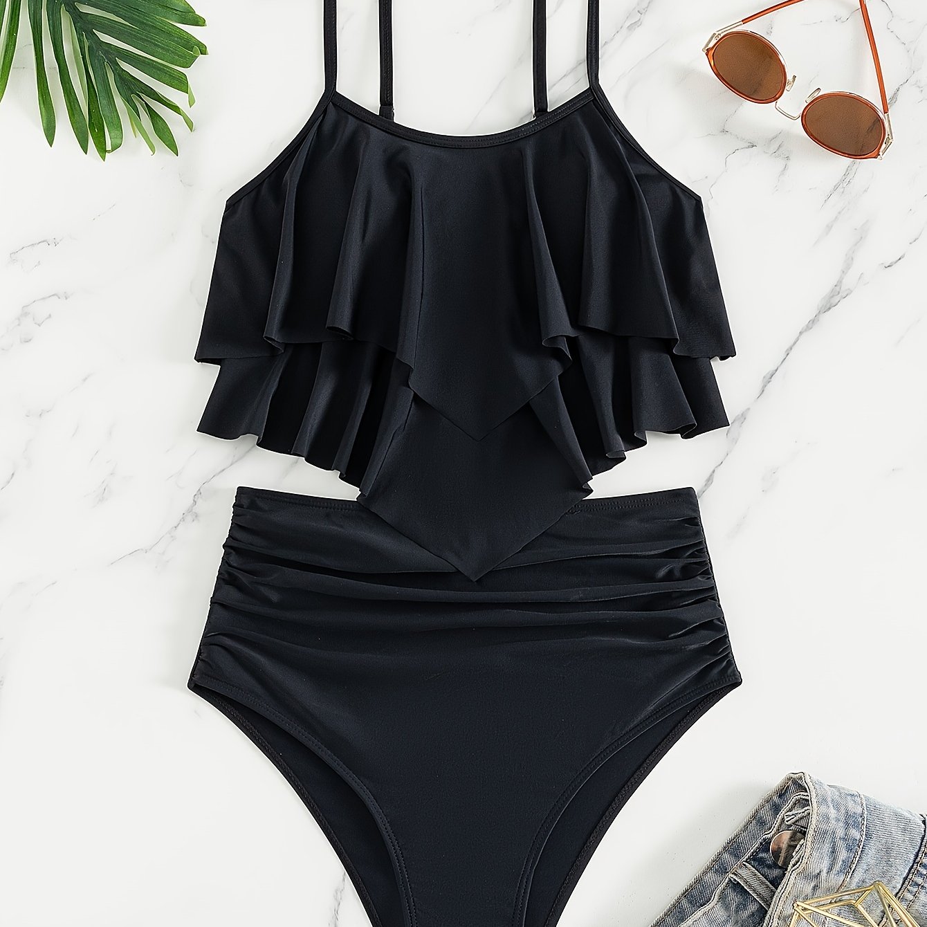 TEMU Tiered Layer Ruffle Black 2 Piece Set Tankini, Ruched High Waist Stretchy Swimsuits, Women's Swimwear & Clothing