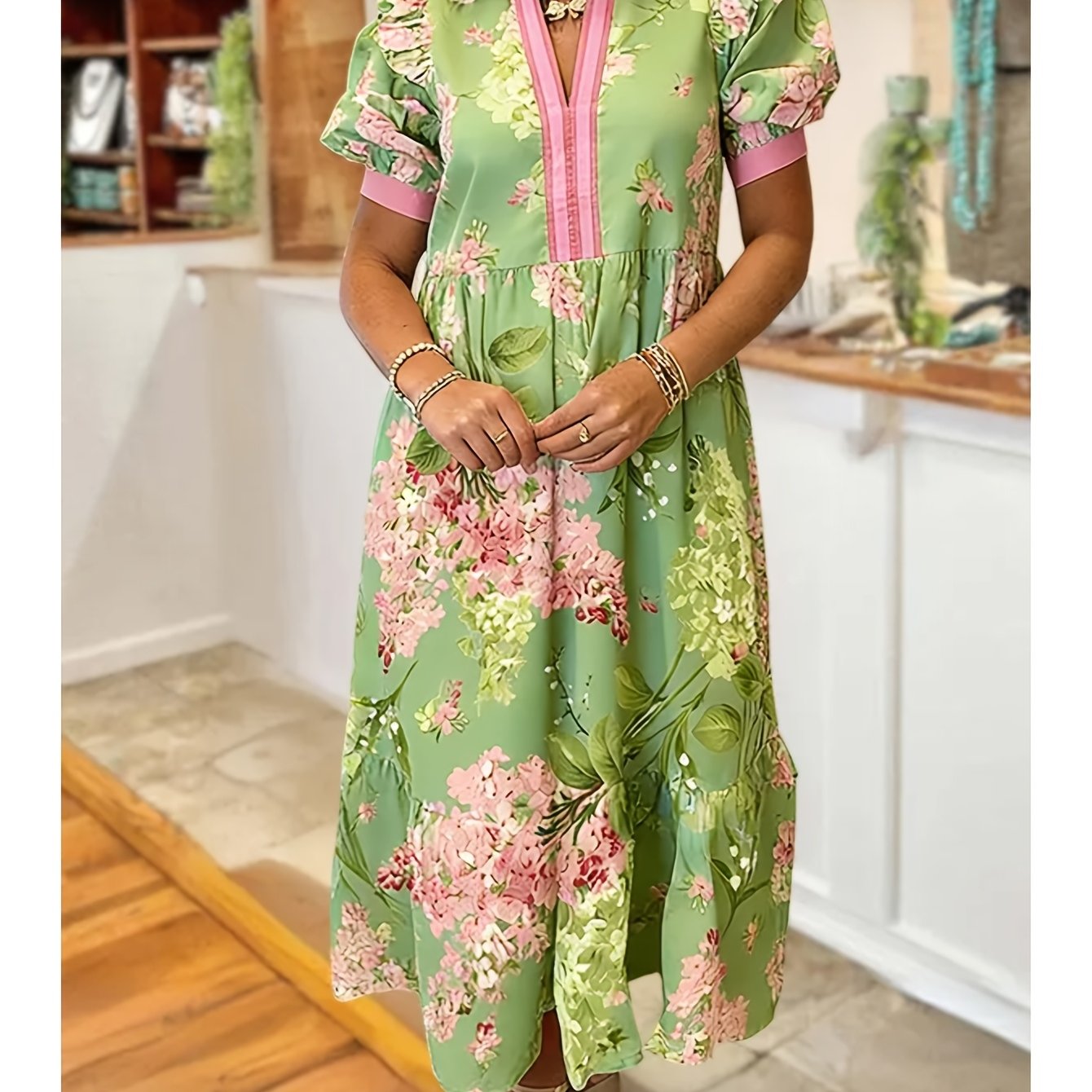 Ladies' Puffed Sleeve Dress Perfect For Parties, , Beach Vacations, Or Date Nights Green Leaves Pattern Print Green