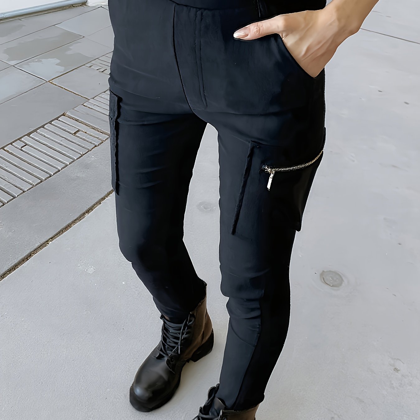 Image of Women's Tight High-waist Cargo Pants, Multi-pocket Y2k Long Trousers, Zipper Casual Pants, Solid Color Commuter Four-pocket Women's Trousers, Trendy European Girly Ankle Length