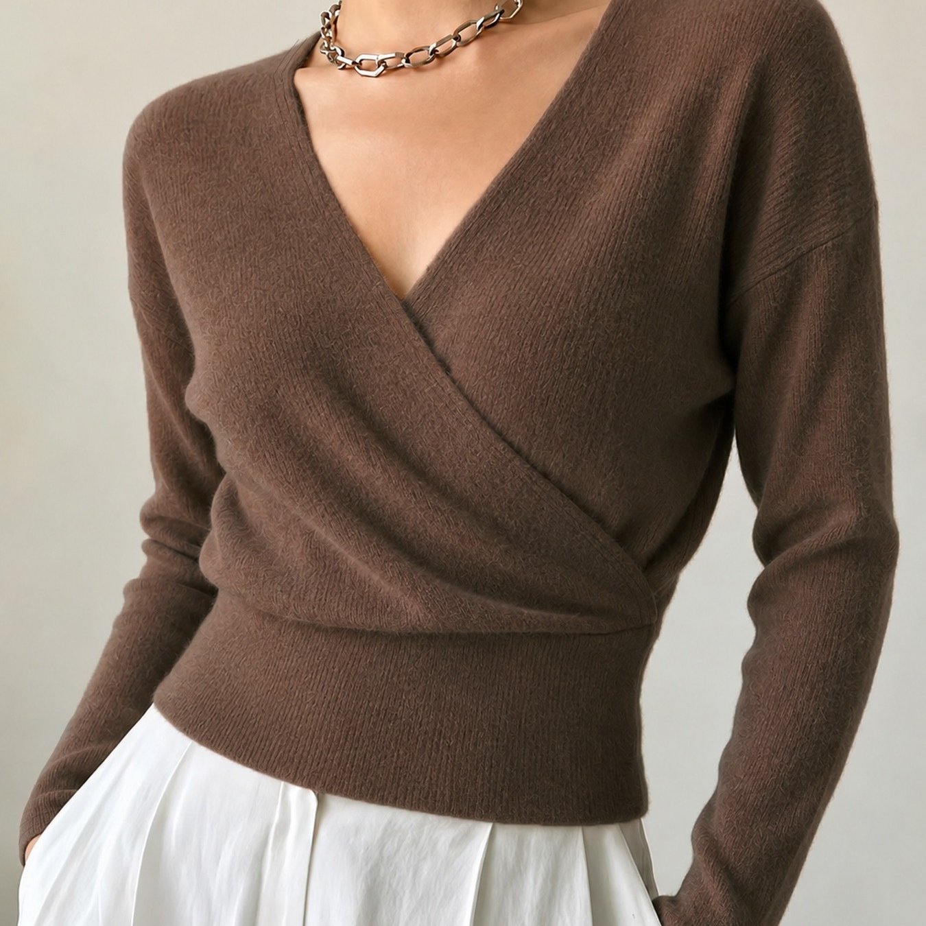 TEMU Women's Autumn Winter Elegant V-neck Top Long Sleeve Off-shoulder Solid Color Pullover Blouse For Commute