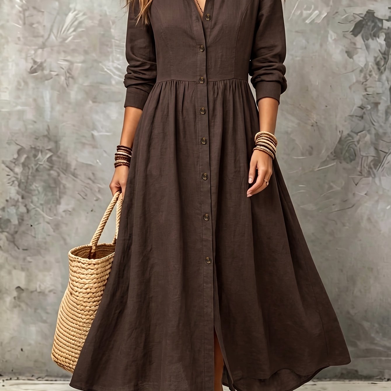 TEMU Plus Size - Herfst Winter Dames Shirt Lange Mouw Taille-aanspannende Geplooide Lange Jurk, Retro Casual Losse Maxi Rok