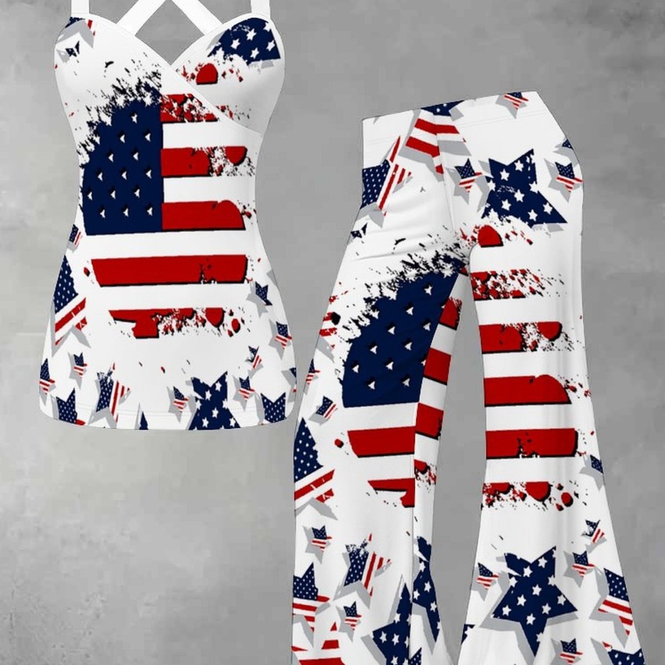 TEMU Summer New Women's Backless Tank Top And Flare Pants Two-piece Set, Usa 250th Day Flag Print Pattern, Versatile, Casual, Trendy Fashion Set For