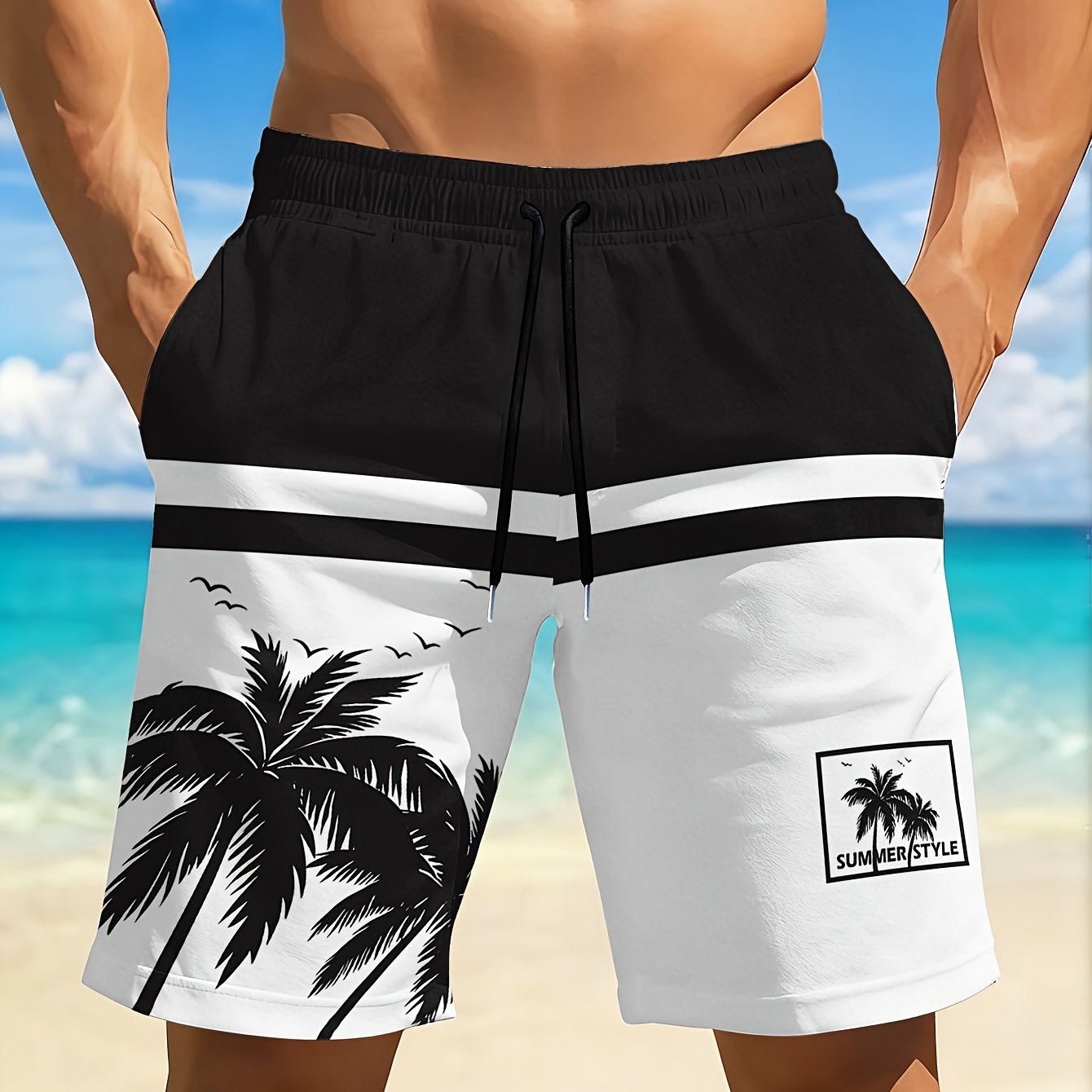 TEMU Maillot de bain homme à séchage rapide avec impression géométrique 3D et noir | Coupe décontractée, coupe régulière, parfait pour la plage, , de