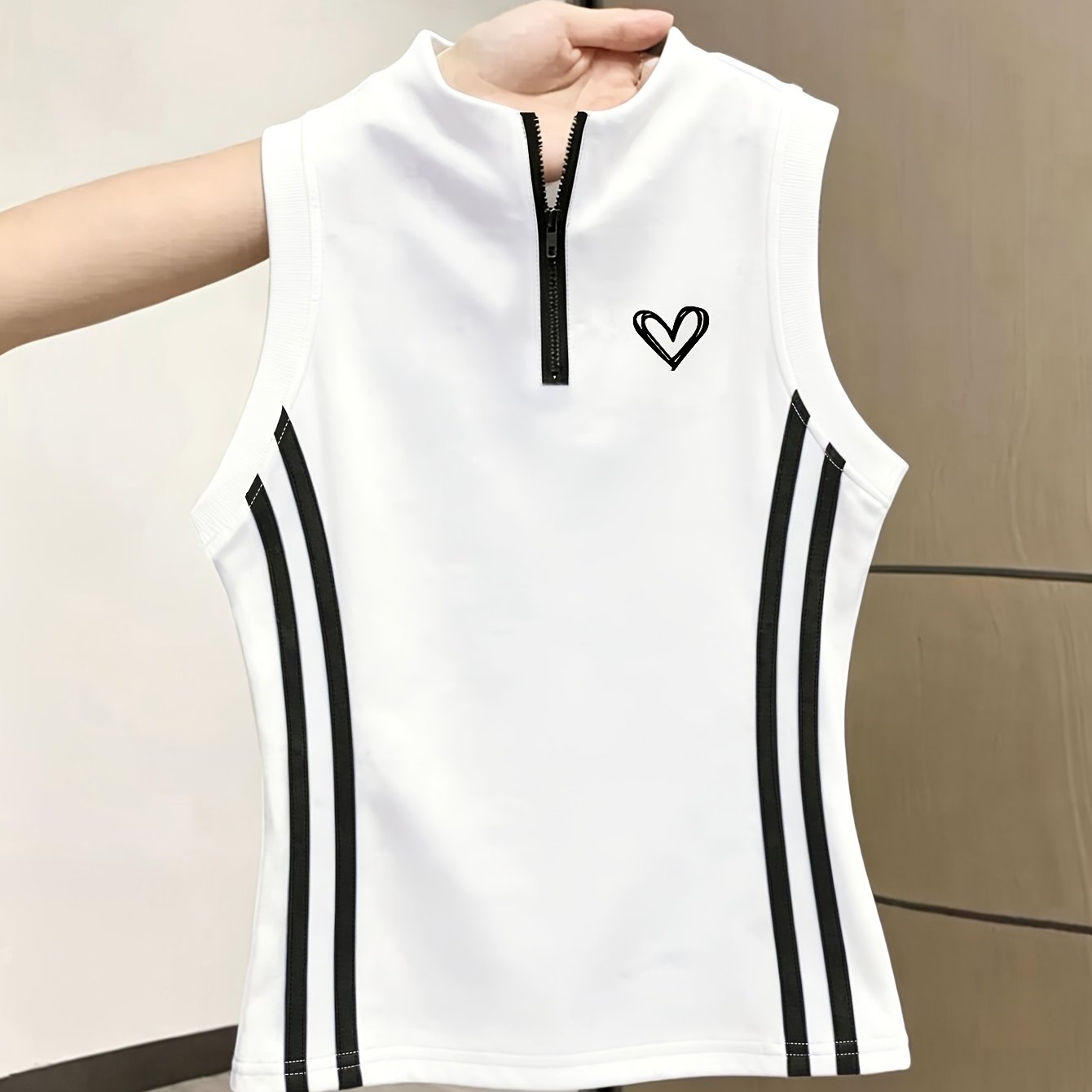 TEMU A Summer American-style Hot Zip-up Sleeveless Top, Y Slim-fit Striped Waist-cinching Top, Fashionable Trendy Heart Print Pattern, Women's