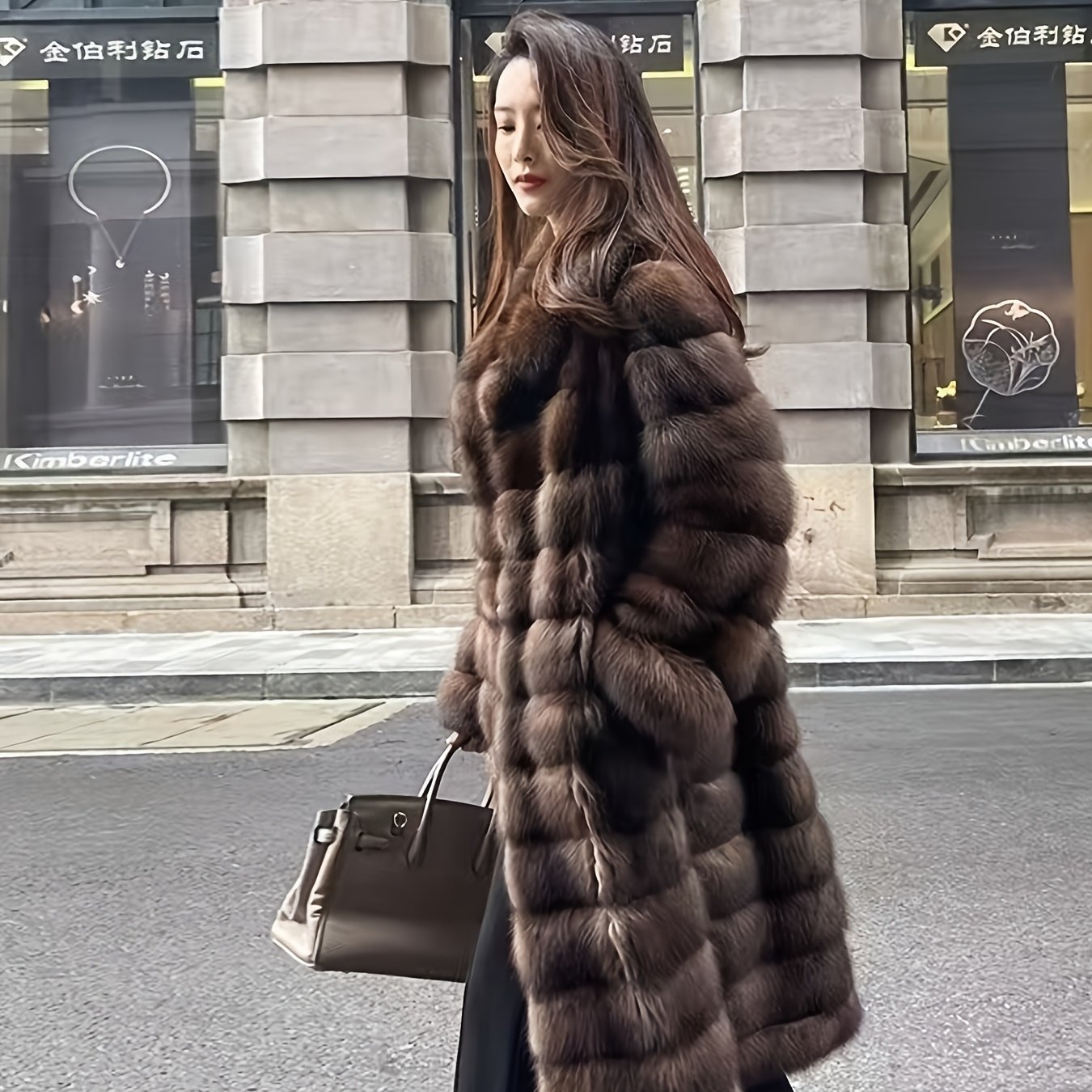 Image of 2025 Winter New High-end 's Breath Faux Sable Faux Coat Women's Suit Collar Horizontal Faux Jacket Long Over-the-knee