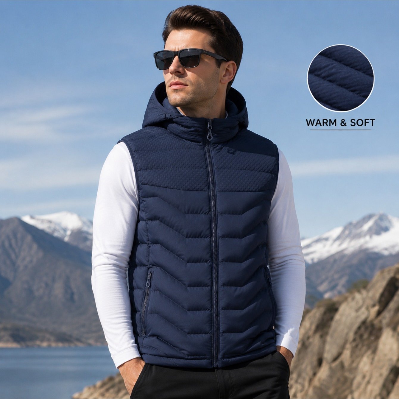 Image of Men's Detachable Hood Padded Vest New Casual Sleeveless Warm Jacket Winter Outdoor Quilted Gilet
