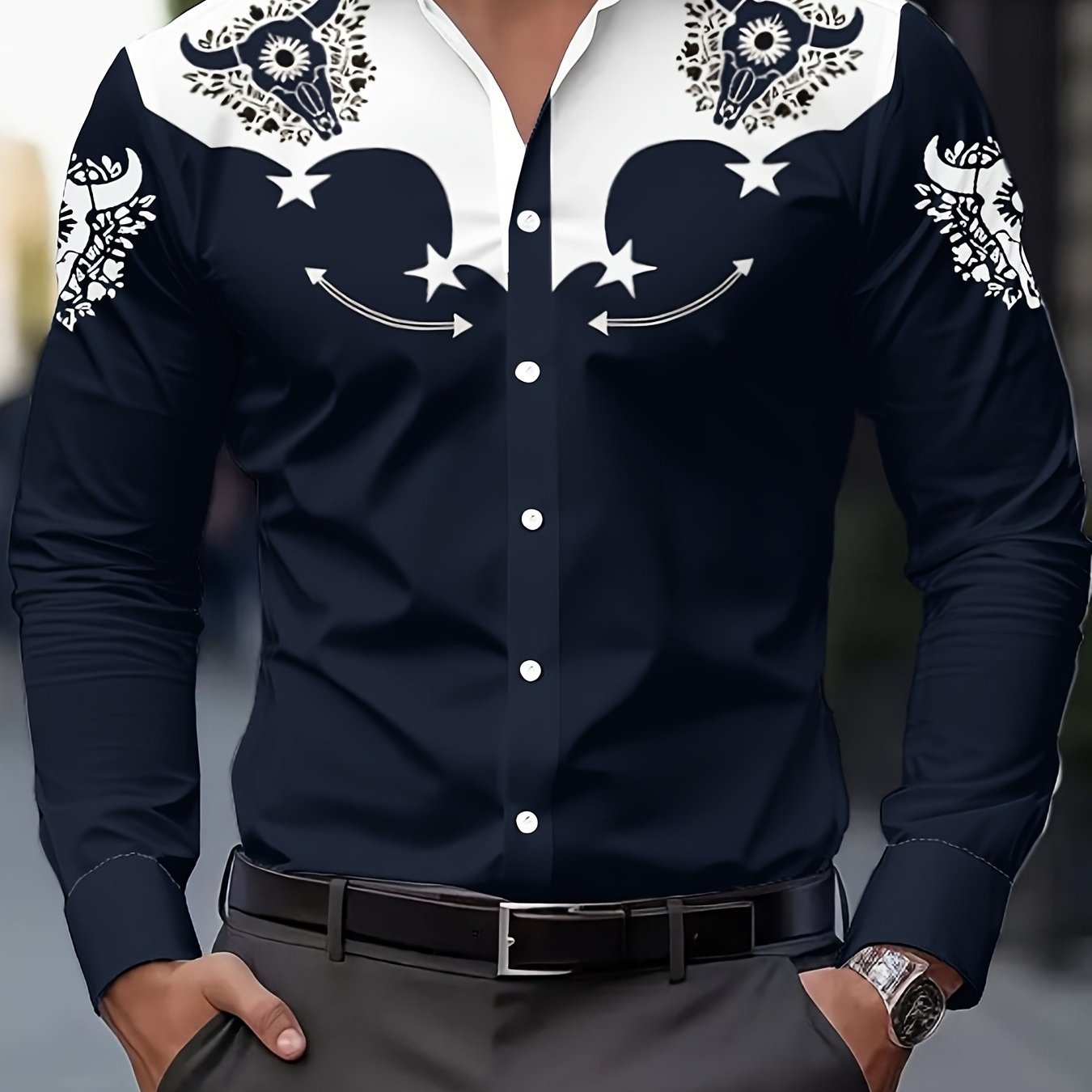 TEMU Men's Fashion Printed Shirt, Denim-style With A Stylish And Pentagram Print, Casual Button-up Long-sleeve Shirt For Men, Suitable For Spring,
