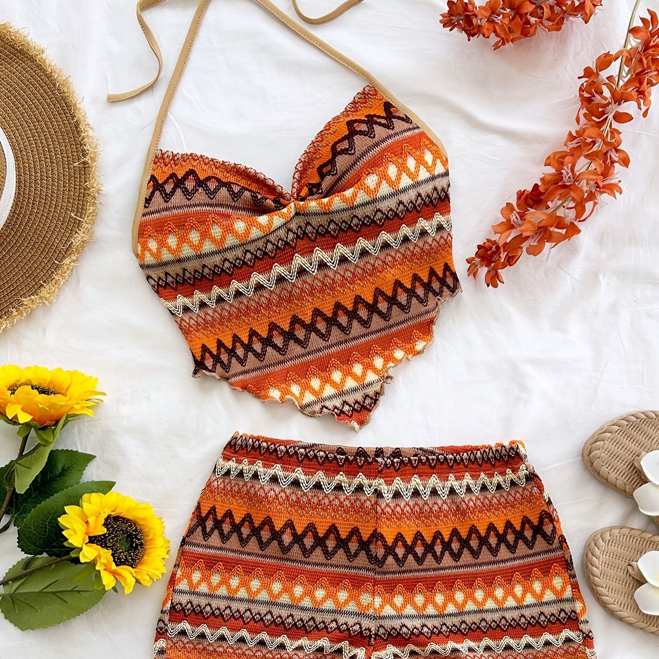 TEMU Spring/summer New Casual Vacation Western Beach Wedding Guest Outfit Graduation Women's Set Vest Two-piece Set Bohemian Two-piece Set
