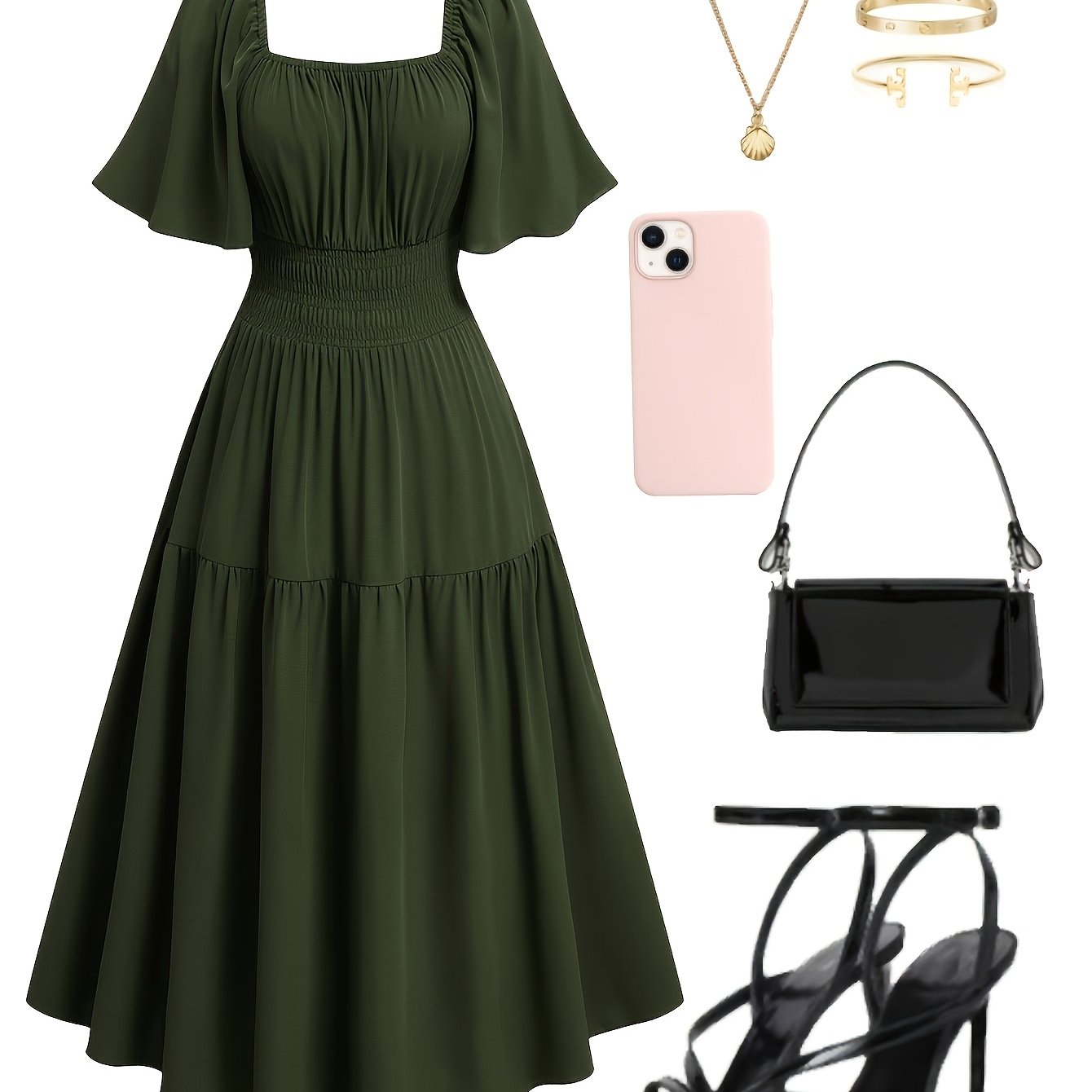 E-shop Plus Size - Lässiges Streetstyle-Kleid für Damen mit eckigem Ausschnitt, gerafftem Bund und Rüschenärmeln in großen Größen