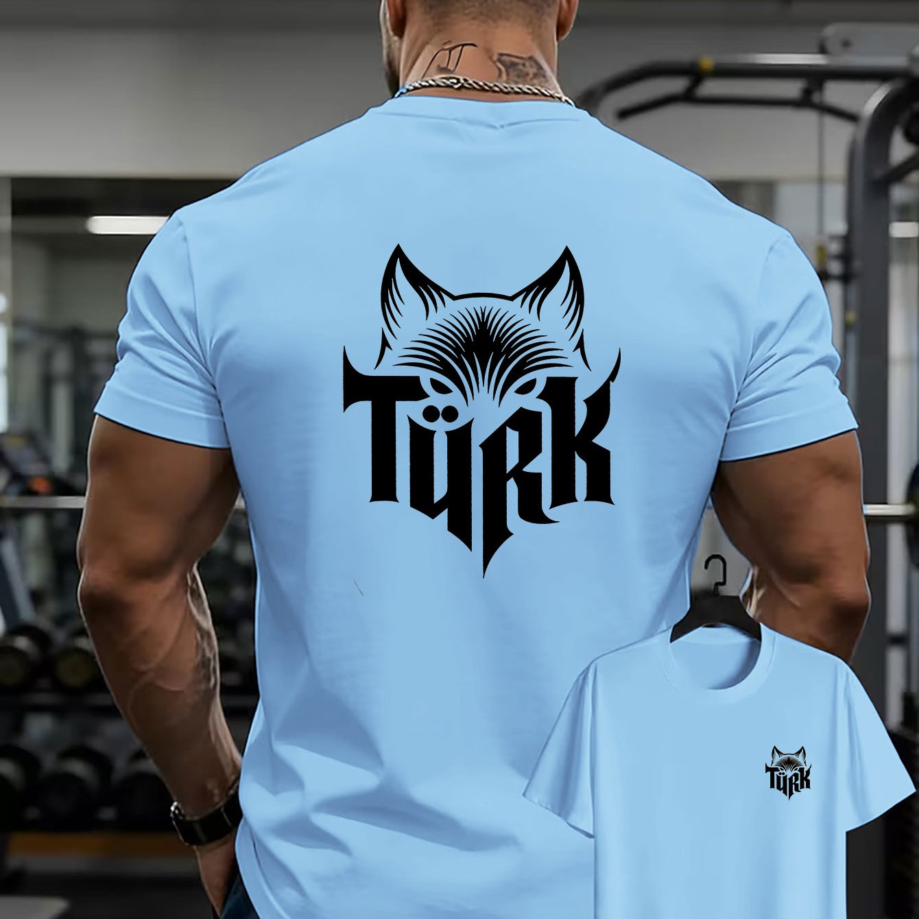 TEMU Men's Turkish Wolf Head T-shirt - Turk Lettering & Wolf Print Double-sided Front/back, Breathable Short Sleeve Round Neck Casual Streetwear
