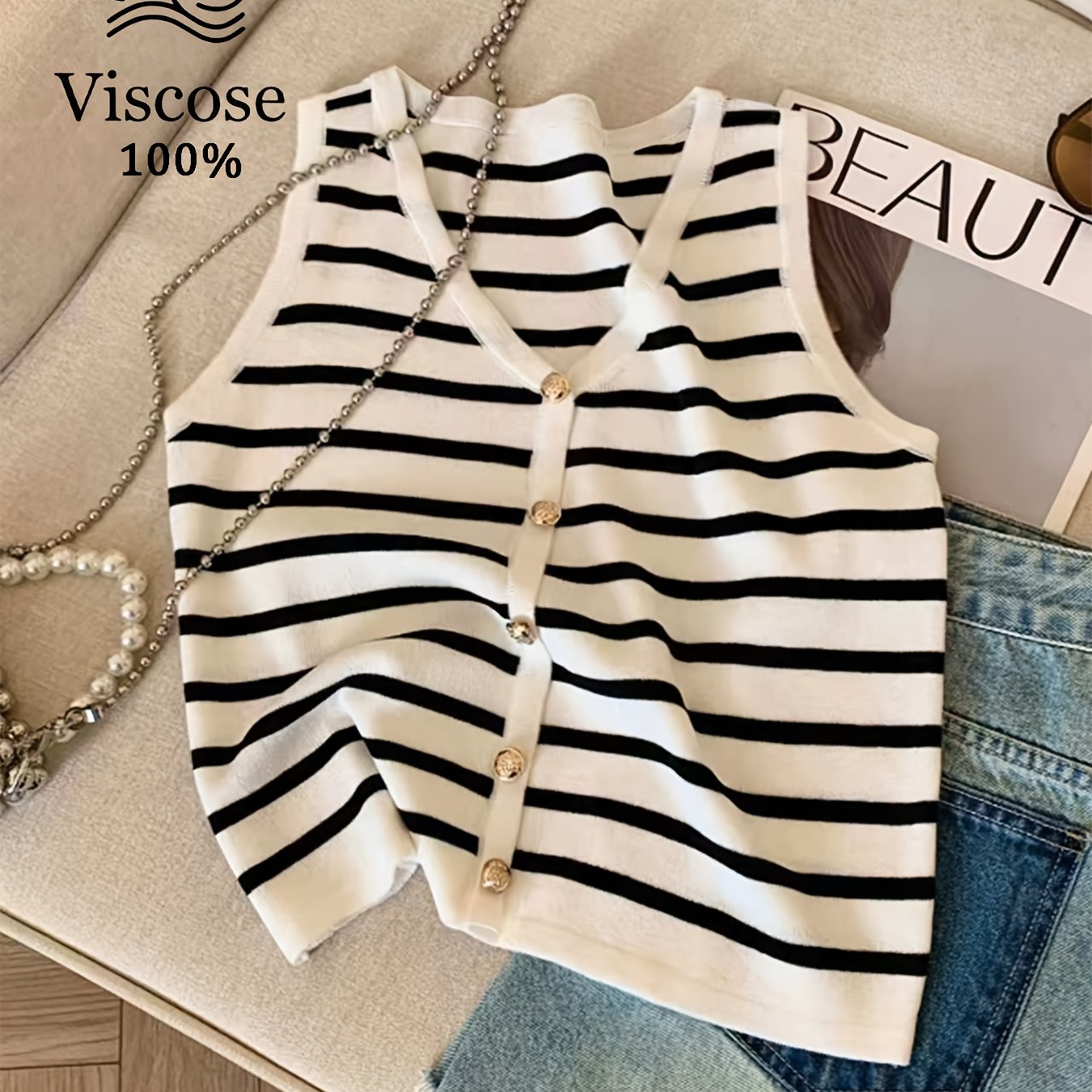 E-shop Französischer Eleganter Temperament Knopf Pullover Farblich Gestreift Klassisch Retro Damen Vielseitige Mode V-Ausschnitt Kurze Sommer Ärmellos