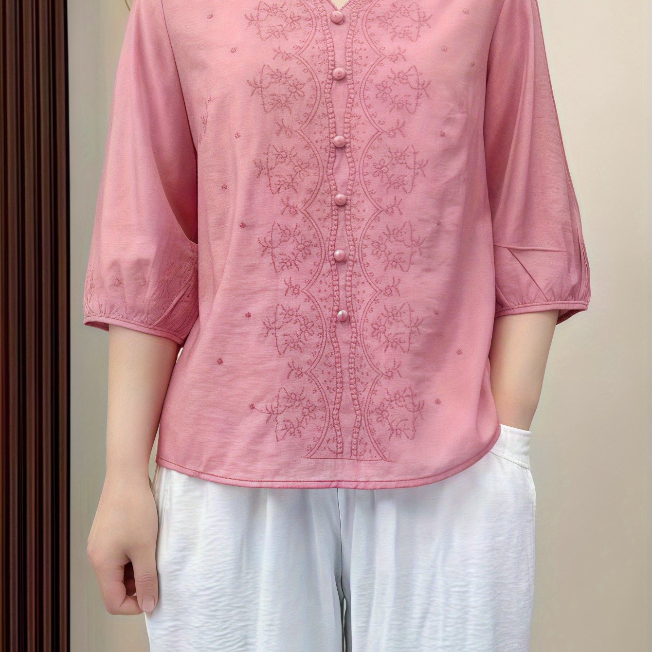 TEMU Plus Size, Women's Blouse Embroidered Blouse V-neck Shirts