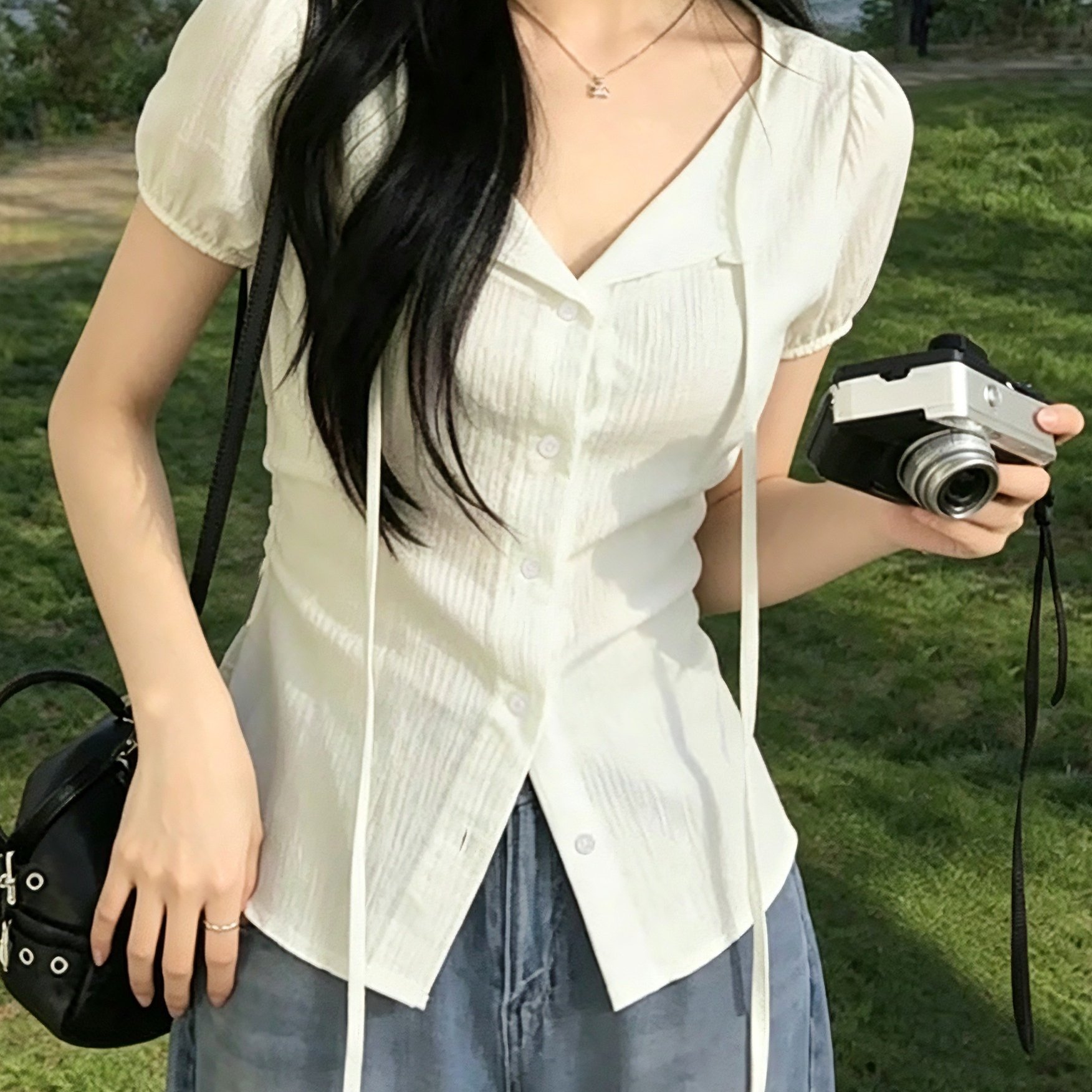 TEMU Women's Elegant Blouse - Classic Lapel, Button-front Design, Lightweight Chiffon Top, Suitable For Office, Party, Casual Wear - Spring/fall