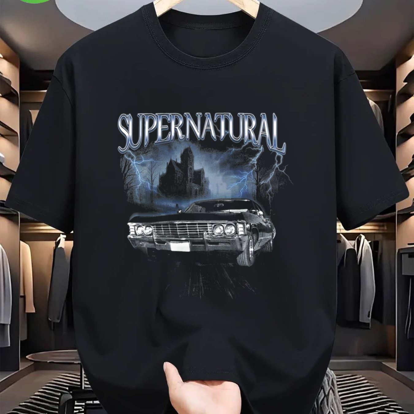 Image of Supernatural Graphic Black Tee - Text Featuring Muscle Car, Set Against A Dramatic Sky And Castle Outline - Great For Mystery And , A Perfect Gift For , Plus Size