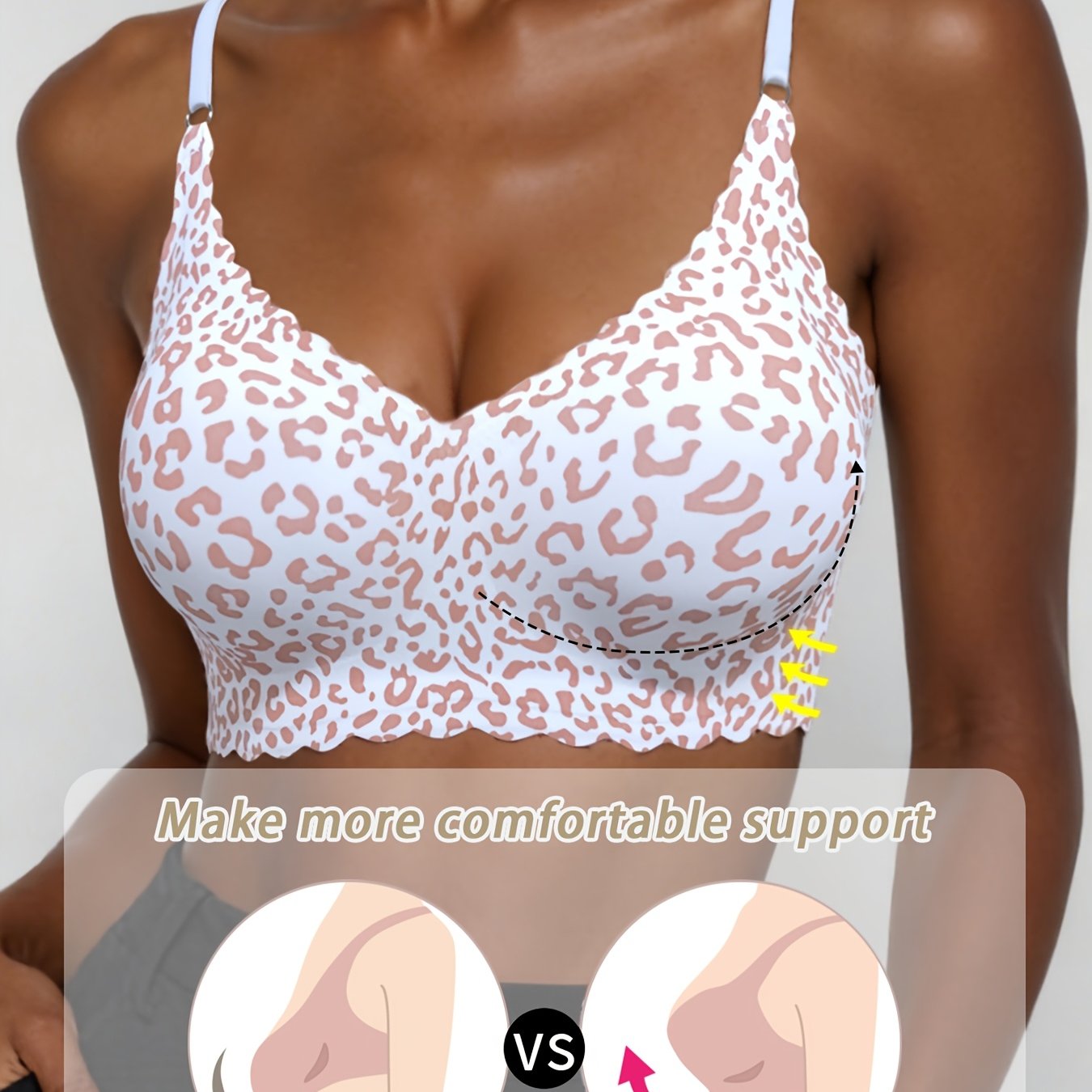 Image of 1pc Leopard Print Seamless Nude Feel Breathable Wire-free Women's Bra, High- Padded Liner With Removable Straps, Adjustable, Breathable, Soft V-neck Yoga Running Women's Underwear, Suitable For