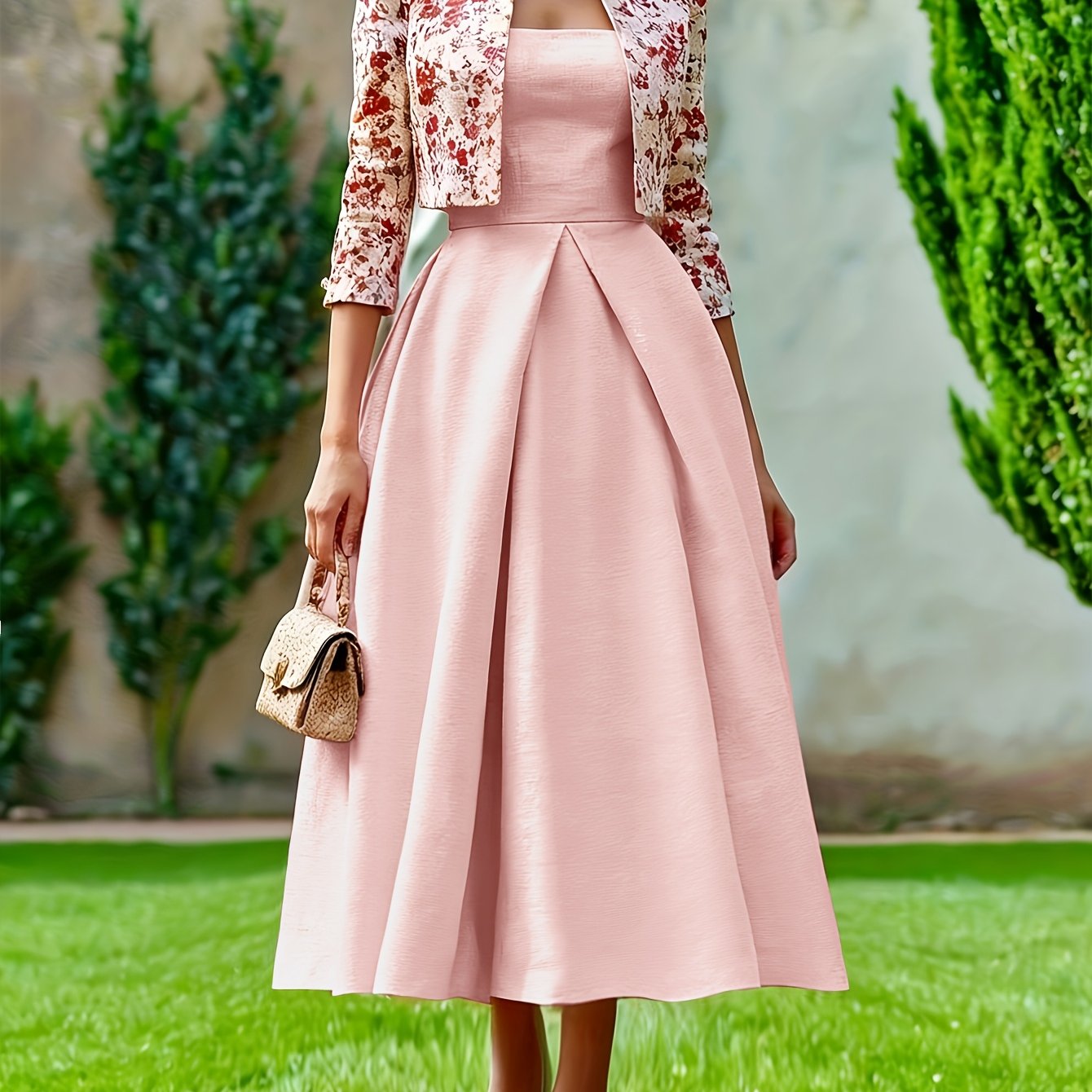 E-shop Damen Schlagkappe Kleid und Blumenmuster Kurzjacke Set, Elegantes Abend Party Stil Zweiteiler Outfit