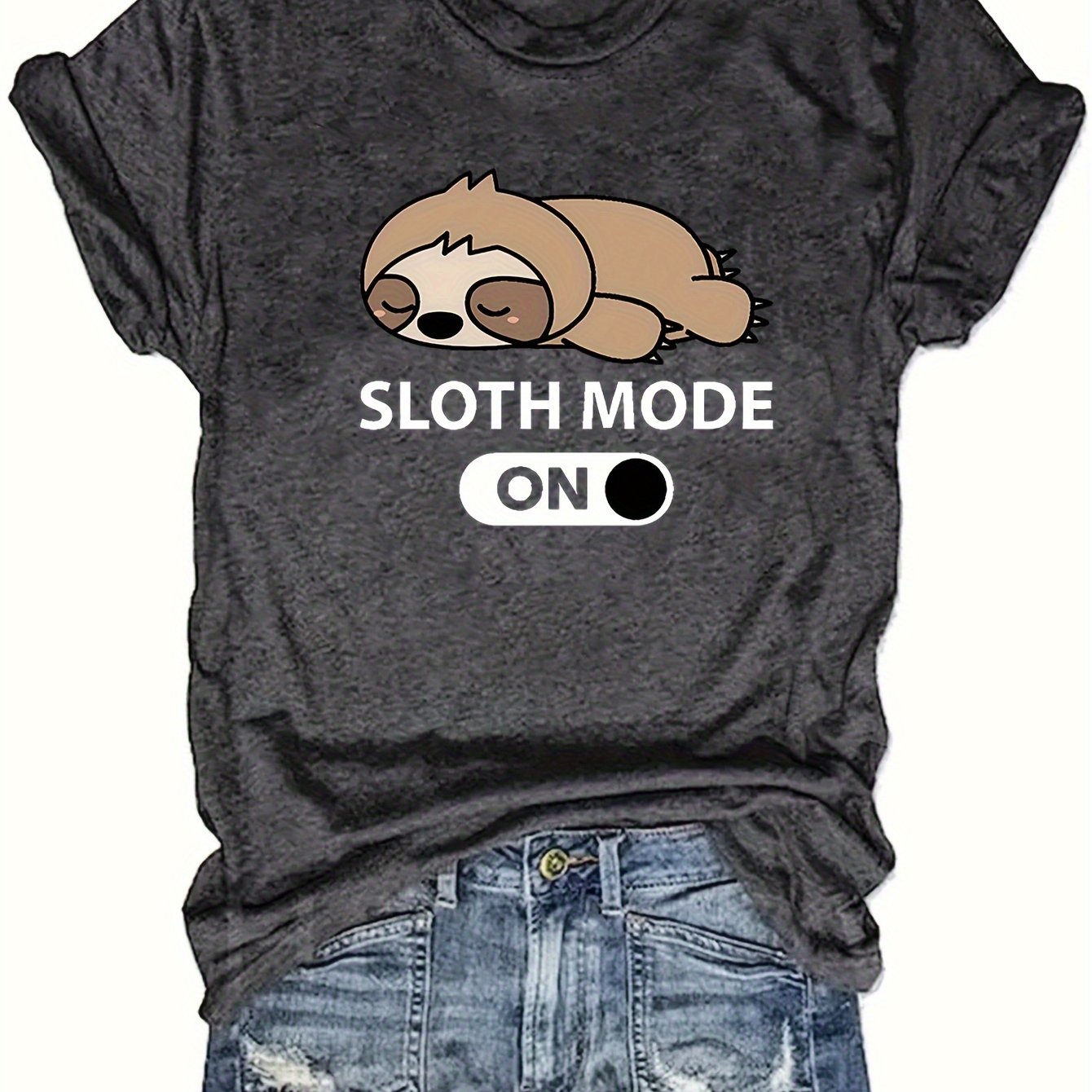 TEMU Sloth Print T-shirt, Casual Short Sleeve Crew Neck Top For , Women's Clothing