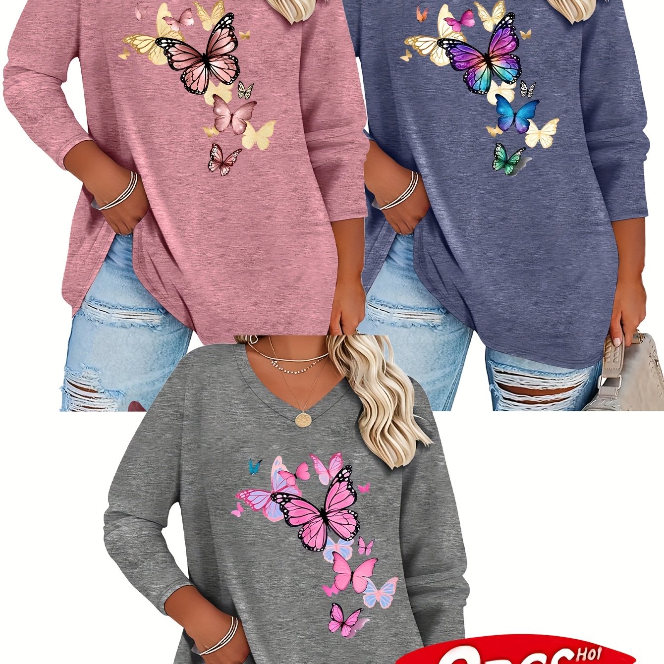 TEMU Plus Size - Plus Size - [versatile T-shirt Three-piece Set] And Summer Plus Size Women's Fashion Long-sleeved V-neck T-shirt 3pcs Set, Women's