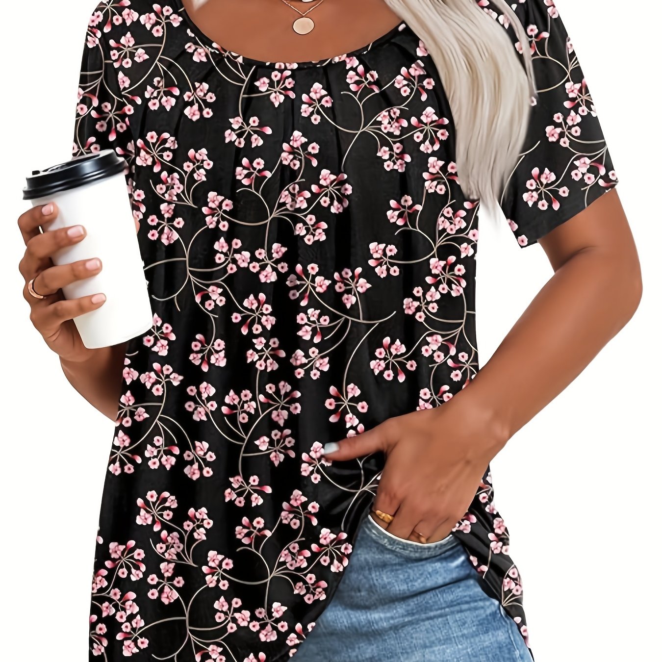 TEMU Maglietta casual da donna a maniche corte con stampa estate 2025, top corto, base layer, camicia plissettata, abbigliamento da donna >