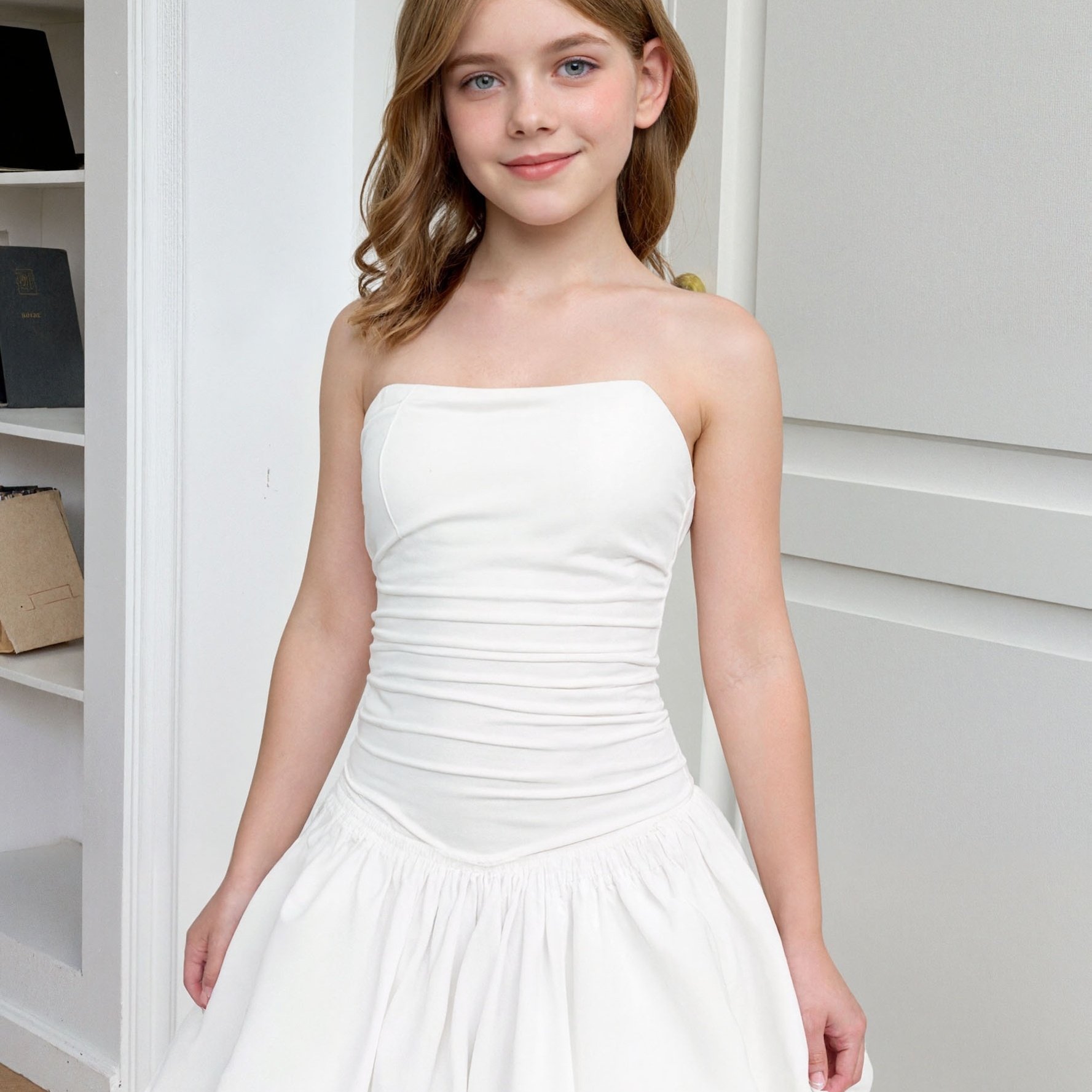 E-shop Lässiges modisches Mädchen-Kleid mit Plissee-Träger-Träger-Top Knospen-Detail, geeignet für Partys, Abendessen Ausflüge, ein perfektes