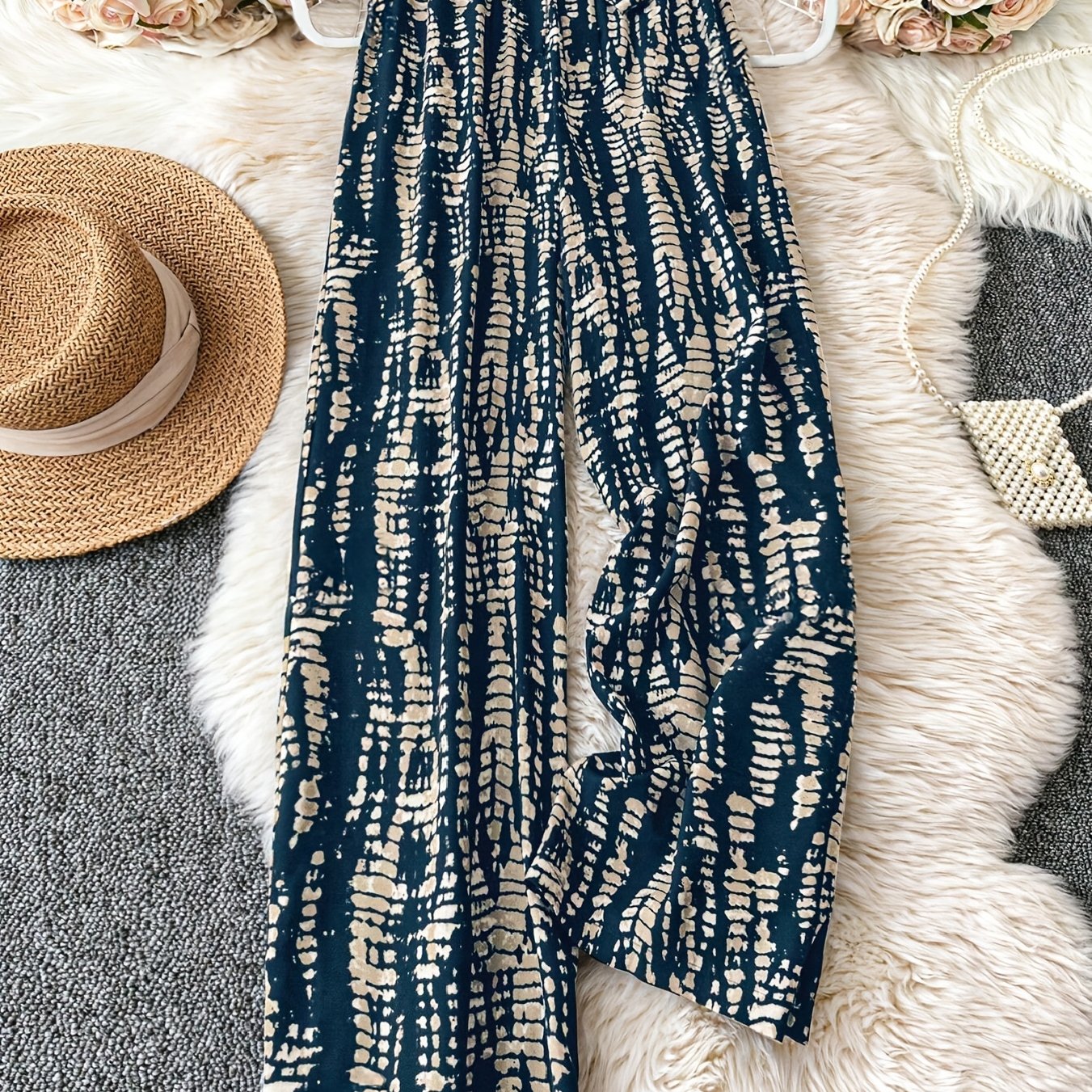 TEMU Random Print Belted Vacation Elegant Wideleg Casual Pants Category Womens Long Pants