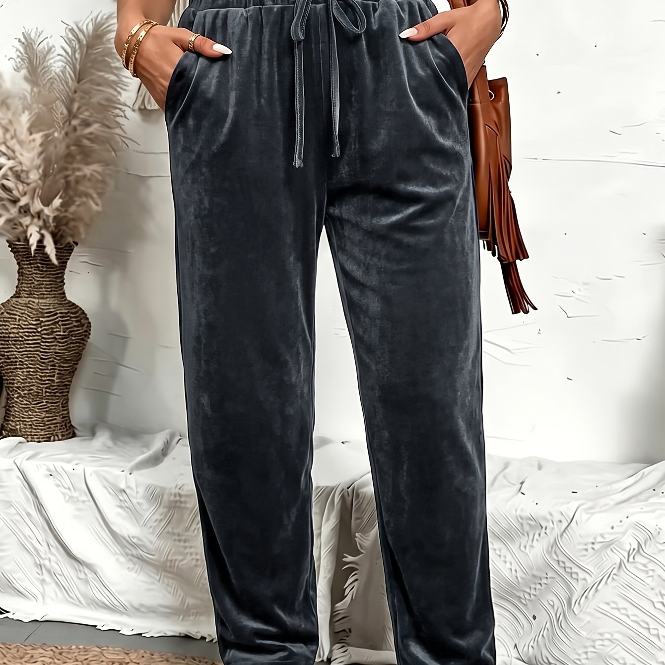 TEMU Plus Size, Plus Size Women's European/ Velvet Pants With Elastic Drawstring Waist And Side Pockets, Casual Sweatpants