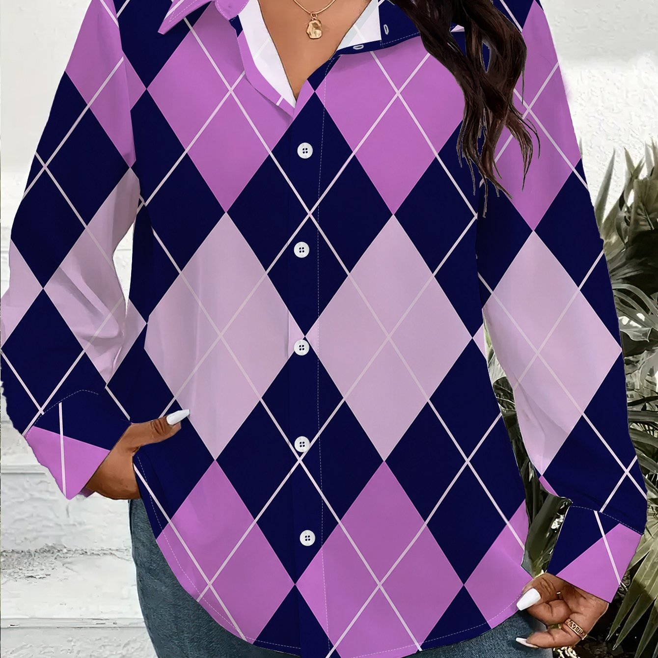 TEMU Women's Plus Size Long Sleeve Button Shirt Argyle Print Lapel Collar Loose Fit Casual Work Blouse Regular Fit Daily Wear Tops 1xl-9xl Women's