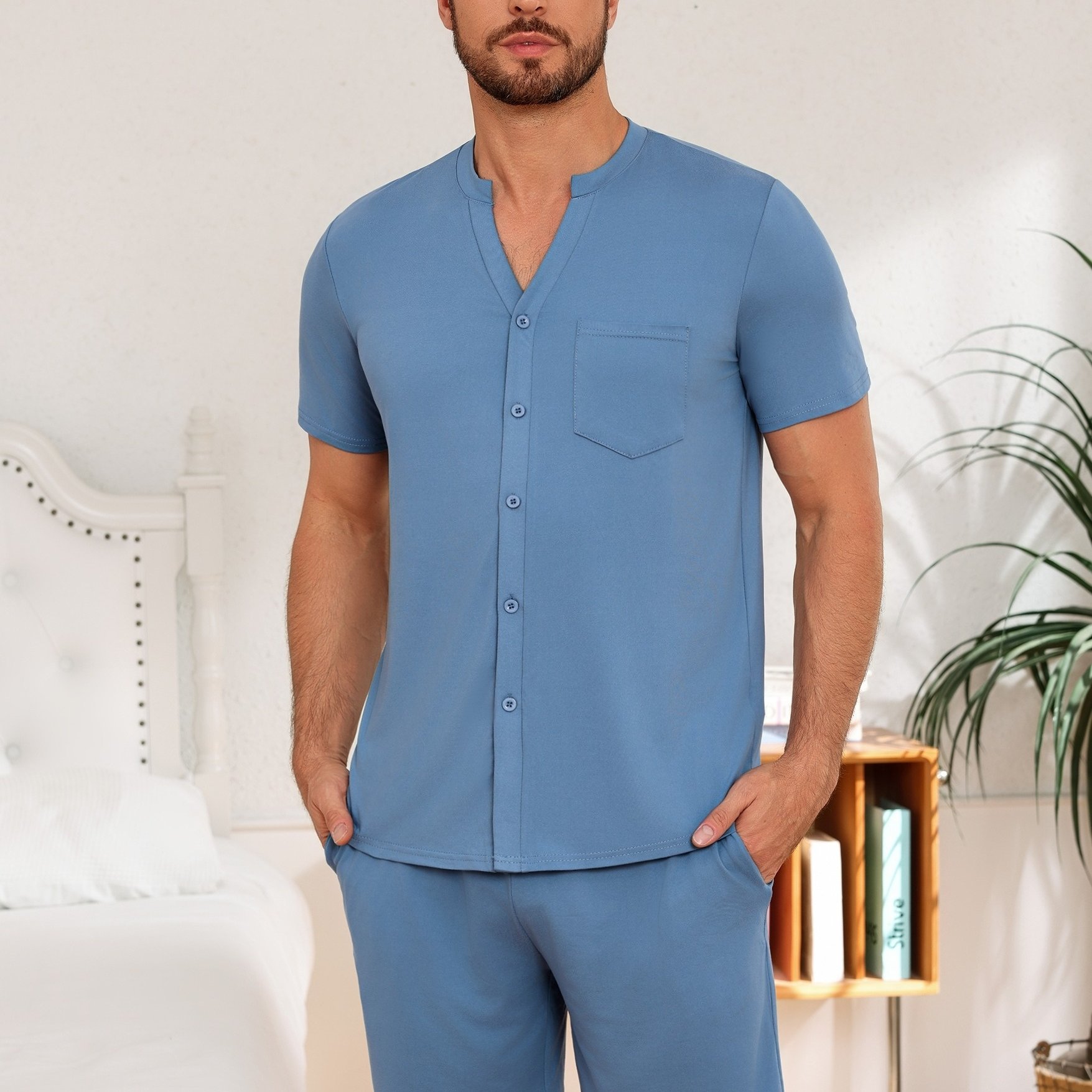 Men's Short-sleeve Cotton Pajamas With Button , Shorty Pajamas, Summer, Short-sleeve Loungewear