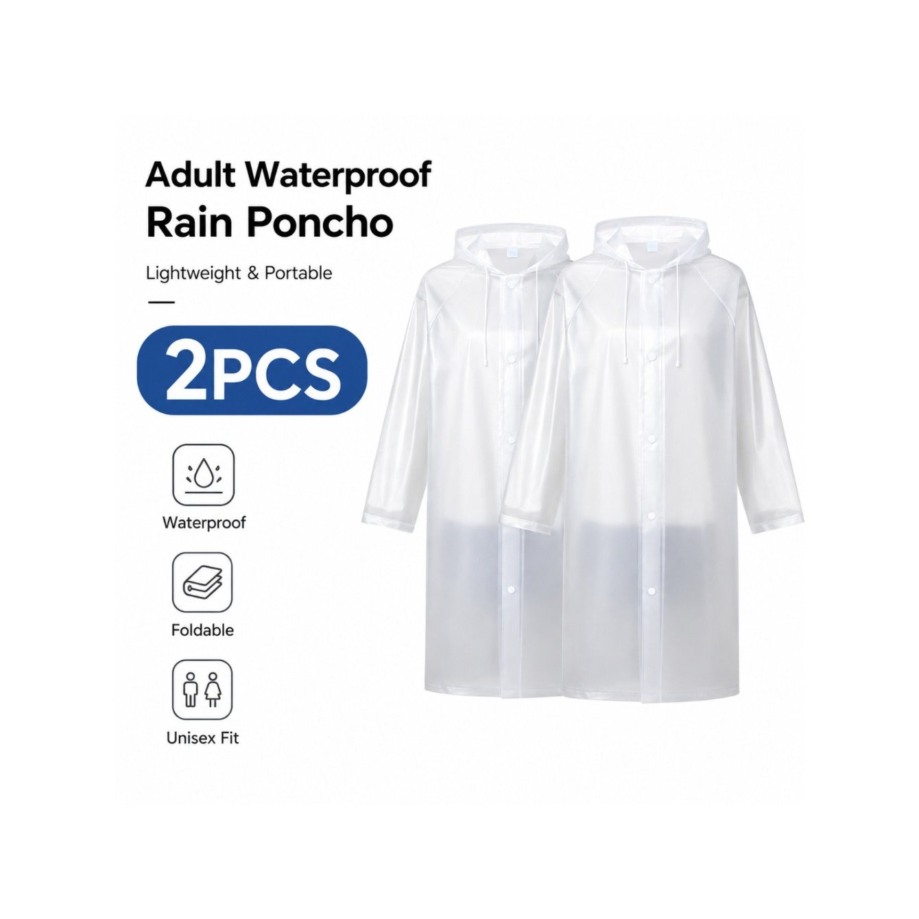TEMU 2pcs Transparent Hooded Rain Ponchos For Adults, Lightweight Eva Raincoats With Snap Button Closure, Reusable Foldable Rain Gear For Hiking,
