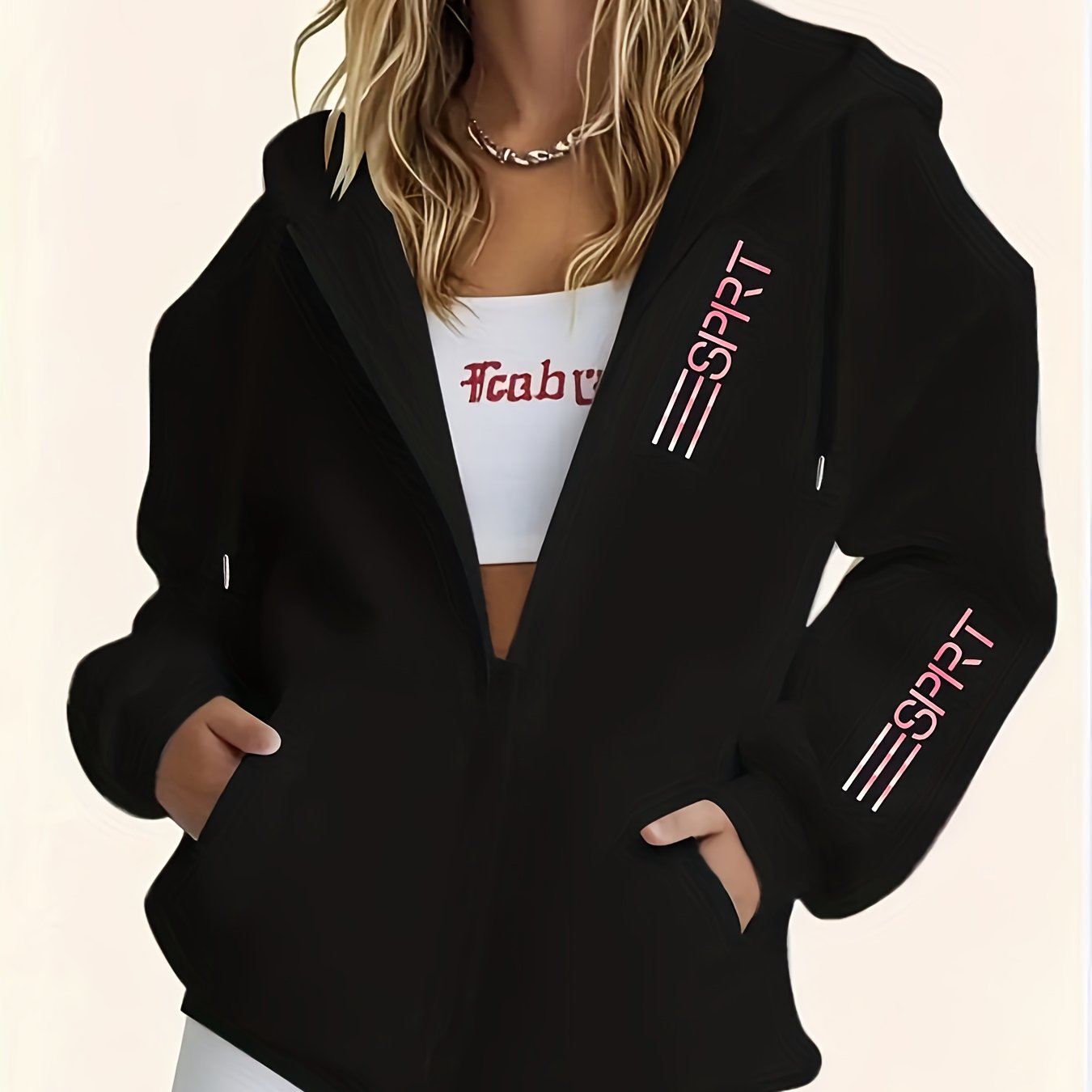 TEMU Letter Stripe Print Zip-up Hooded Sweatshirt, Casual Zip-up Long Sleeve - Polyester Fabric, For Autumn And Winter, Comfortable Women's Zip-up