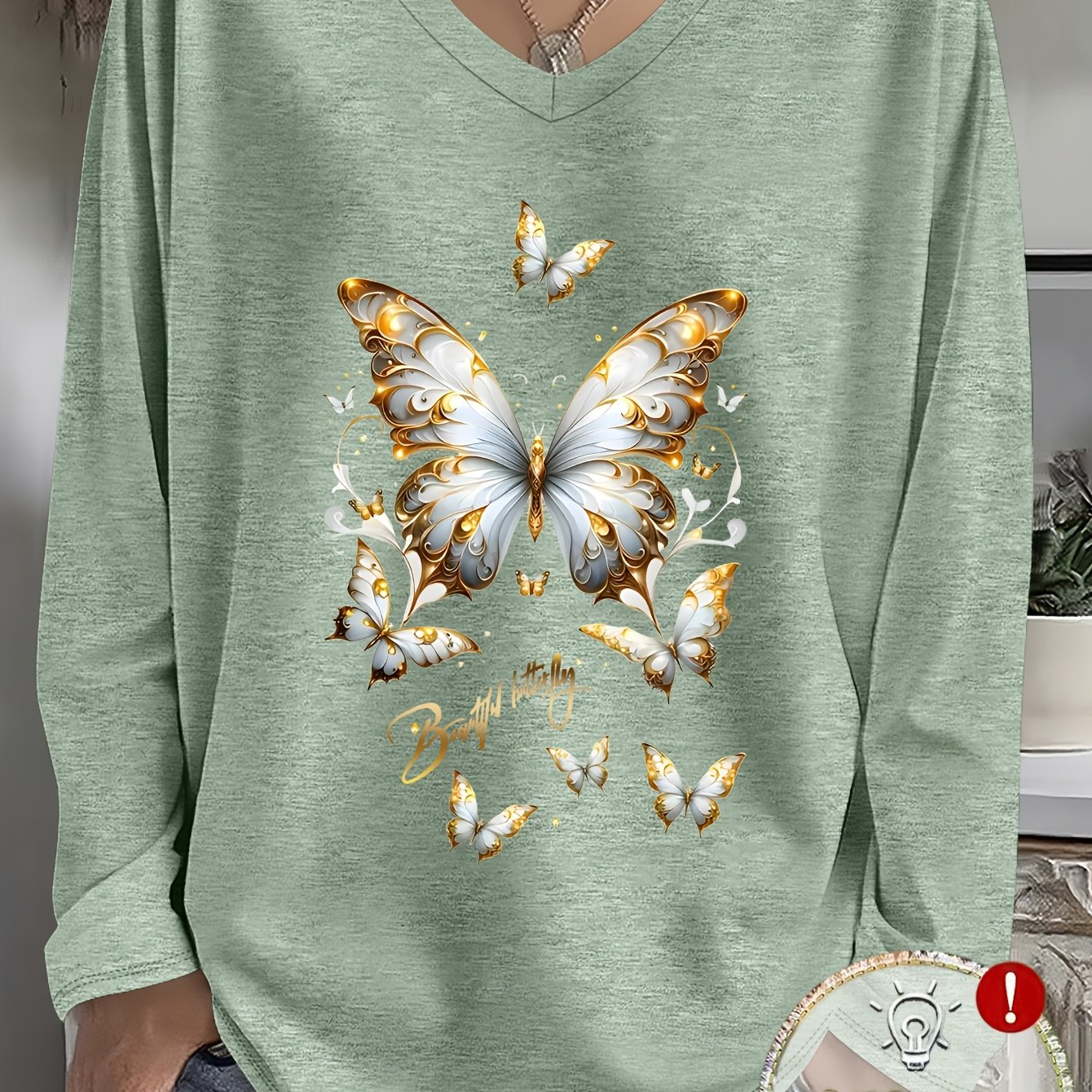Image of Plus Size, /summer Size Women's Casual V-neck Long Sleeve T-shirt With Flying Print, Rayon/spandex Blend - Soft, , Machine Washable, Loose , Suitable For Home, Outdoor, And Travel Wear
