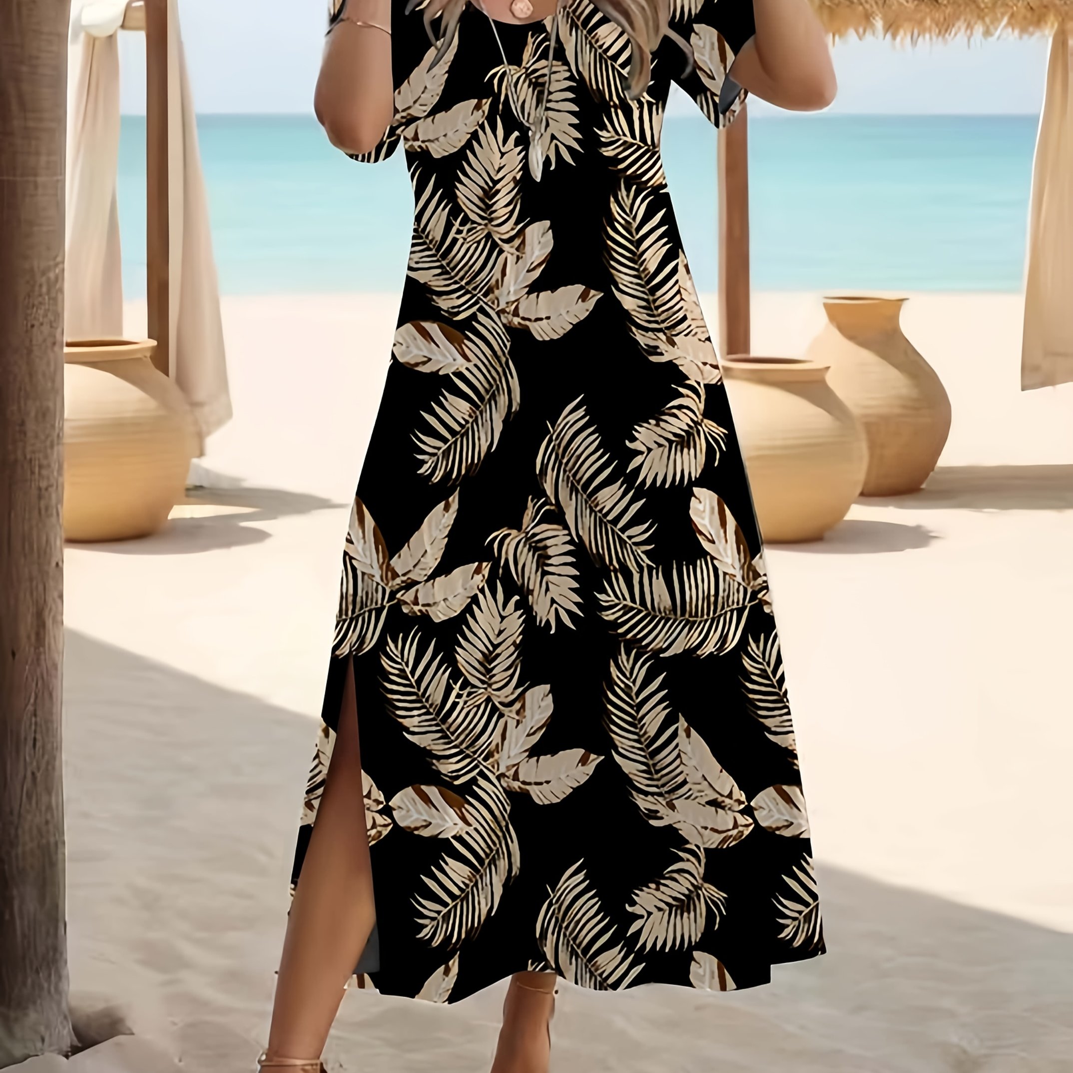 E-shop Damens Kleid mit Elegantem Tropischem Pflanzenmuster