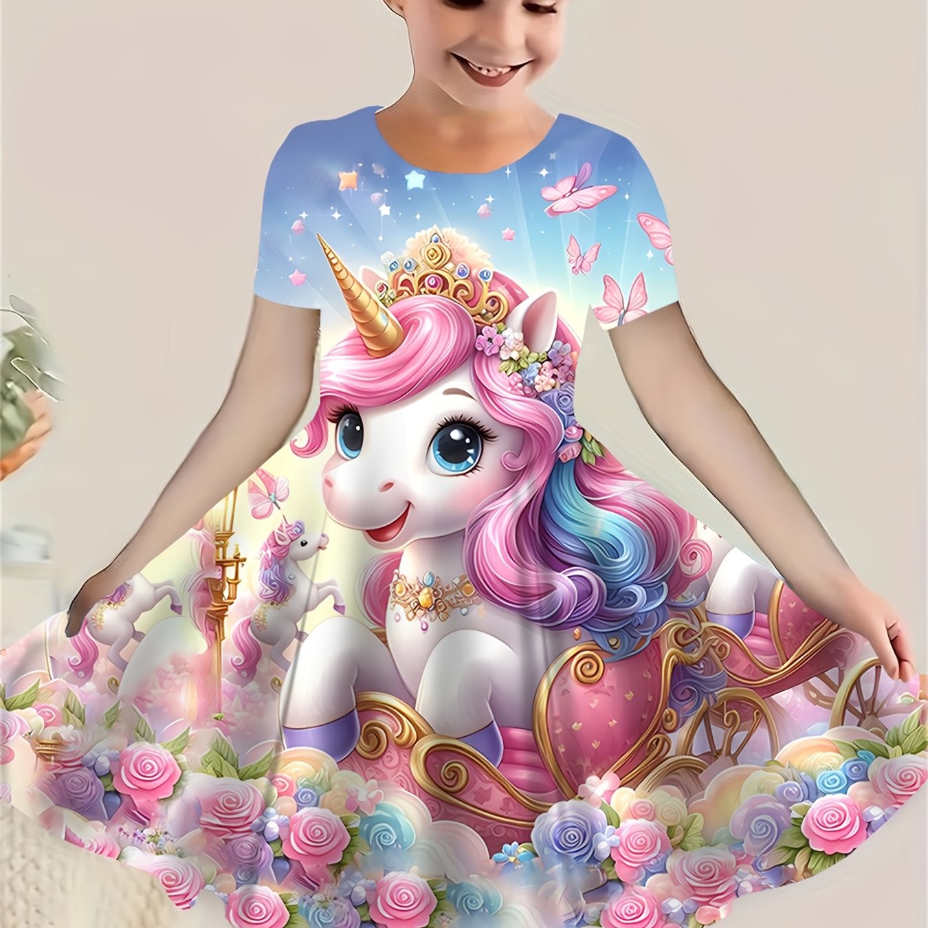 Image of Girls' Clothing 2024 New Summer Unicorn Princess Dress Short Sleeve Children's Apparel Unicorn Party 3-10y