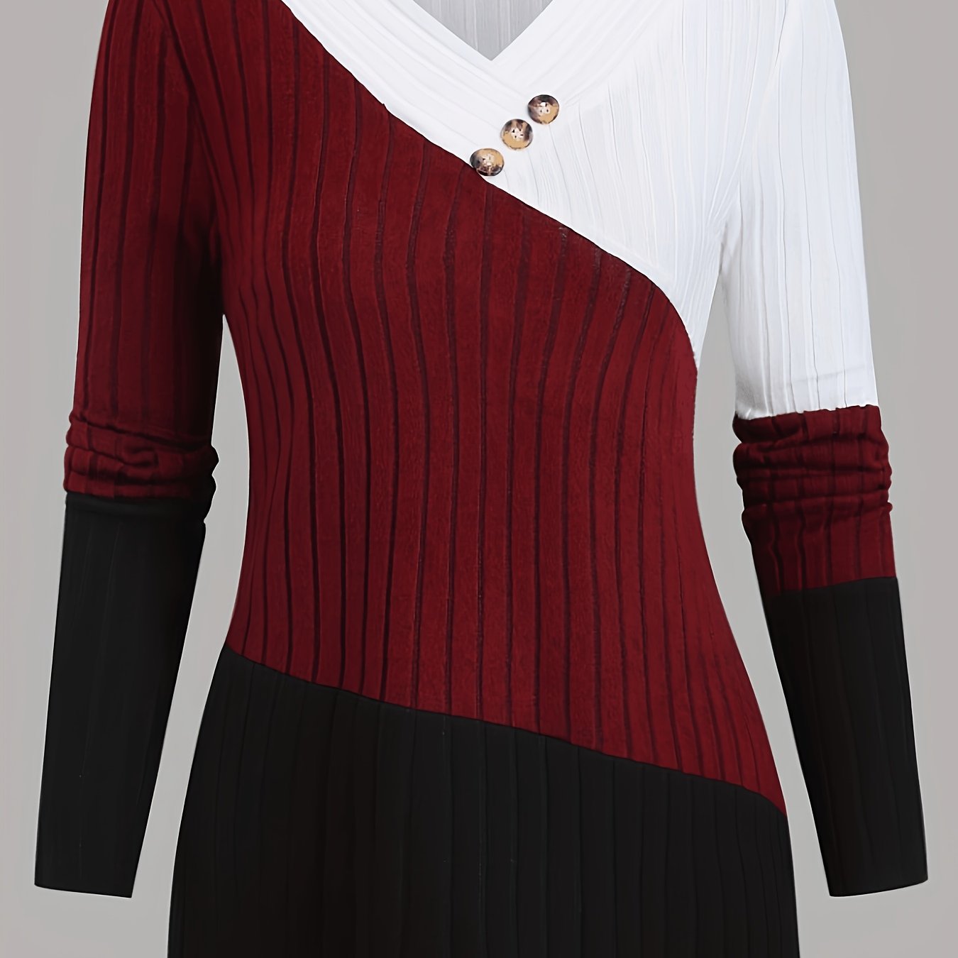 TEMU Pull et respirant à manches longues et col en V pour femme, à côtes et color-block, décontracté et tendance, pour /automne