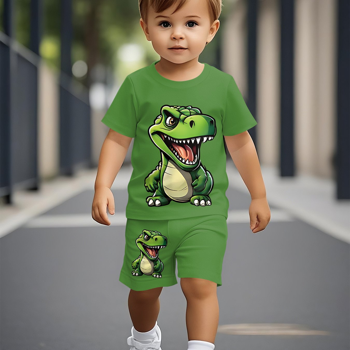 Image of Summer Short-sleeved Set For Boys | Trendy And Fashionable Cartoonish And Cute Rex Pattern Prints, Comfortable And Casual Fit, For Outdoor, Christmas, Halloween