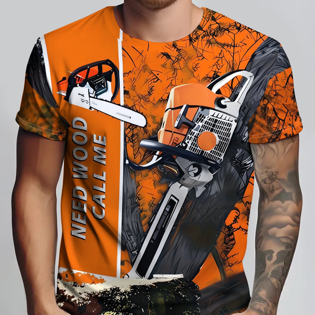TEMU Men's 3d Print T-shirt With A Chainsaw Working On An Orange Background, With The Caption "need Wood, " Pattern, Machine Washable, Soft Fabric,